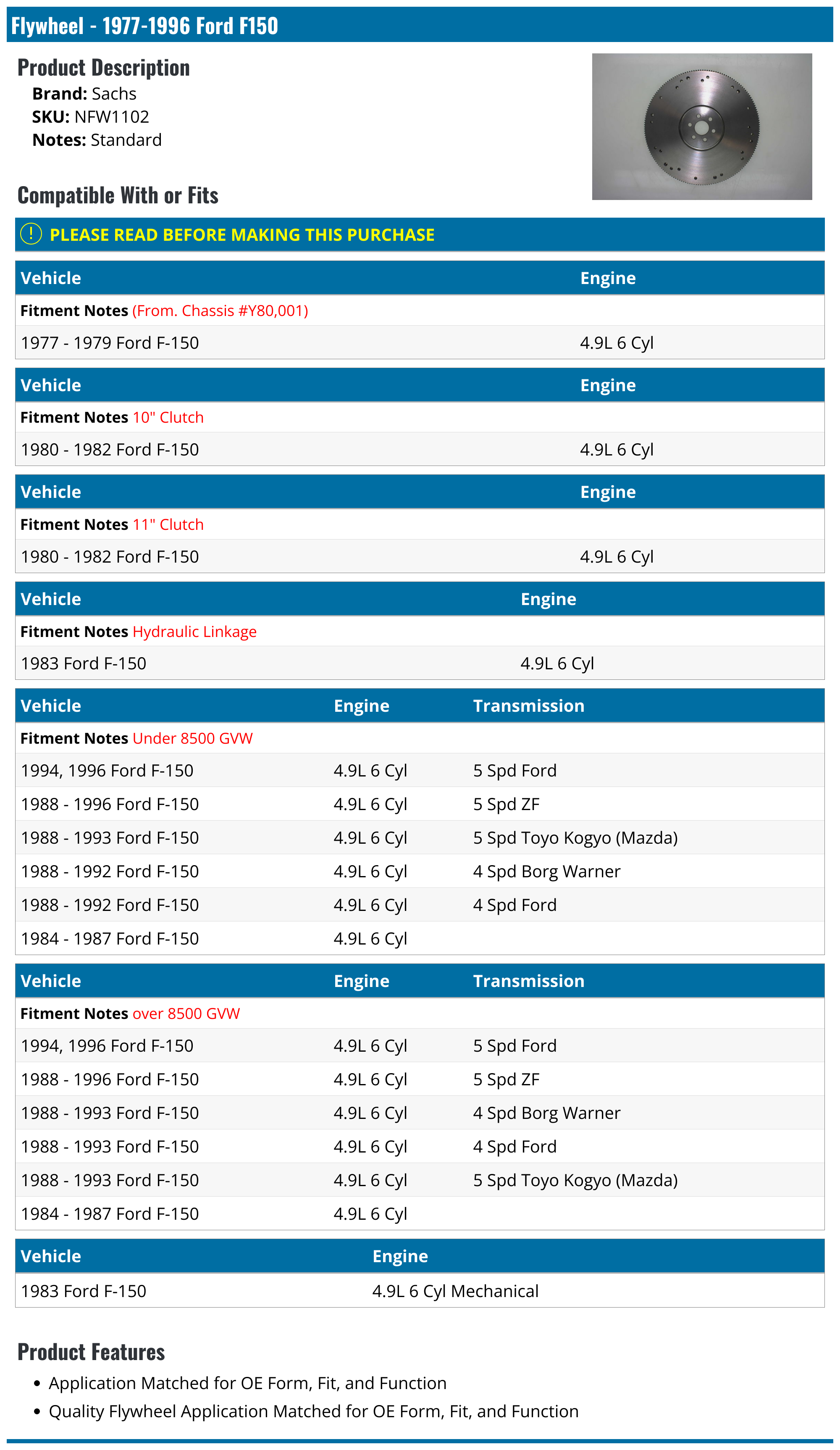 19771996 Ford F150 Flywheel Sachs NFW1102