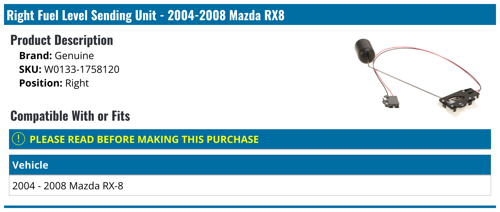 20042008 Mazda RX8 Fuel Tank Sending Unit Genuine W01331758120