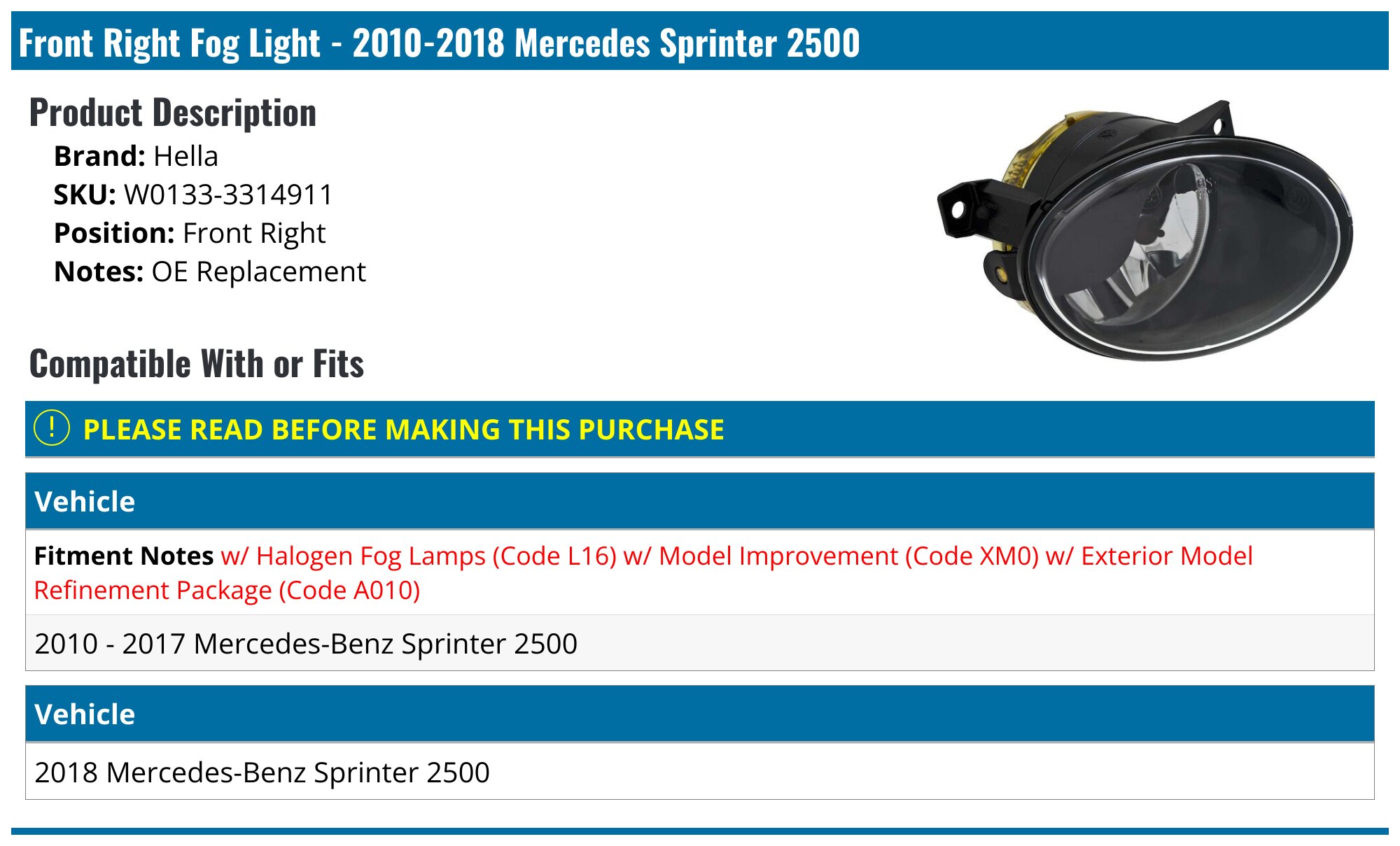 Texaseparts Left Driver Side Fog Light Assembly For 2014-2018 Mercedes Sprinter – With Cover & Bulb