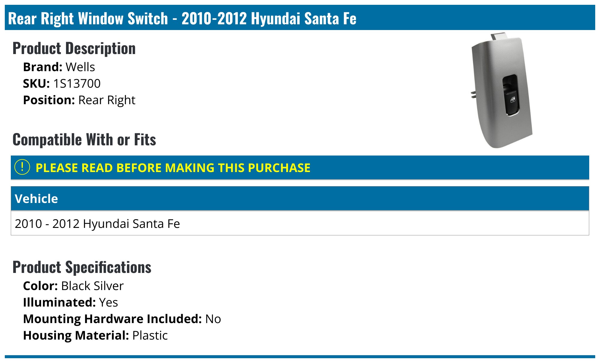 Vap-autoparts Front Left Window Switch For 2001-2006 Hyundai Santa Fe – Driver Side Push Button