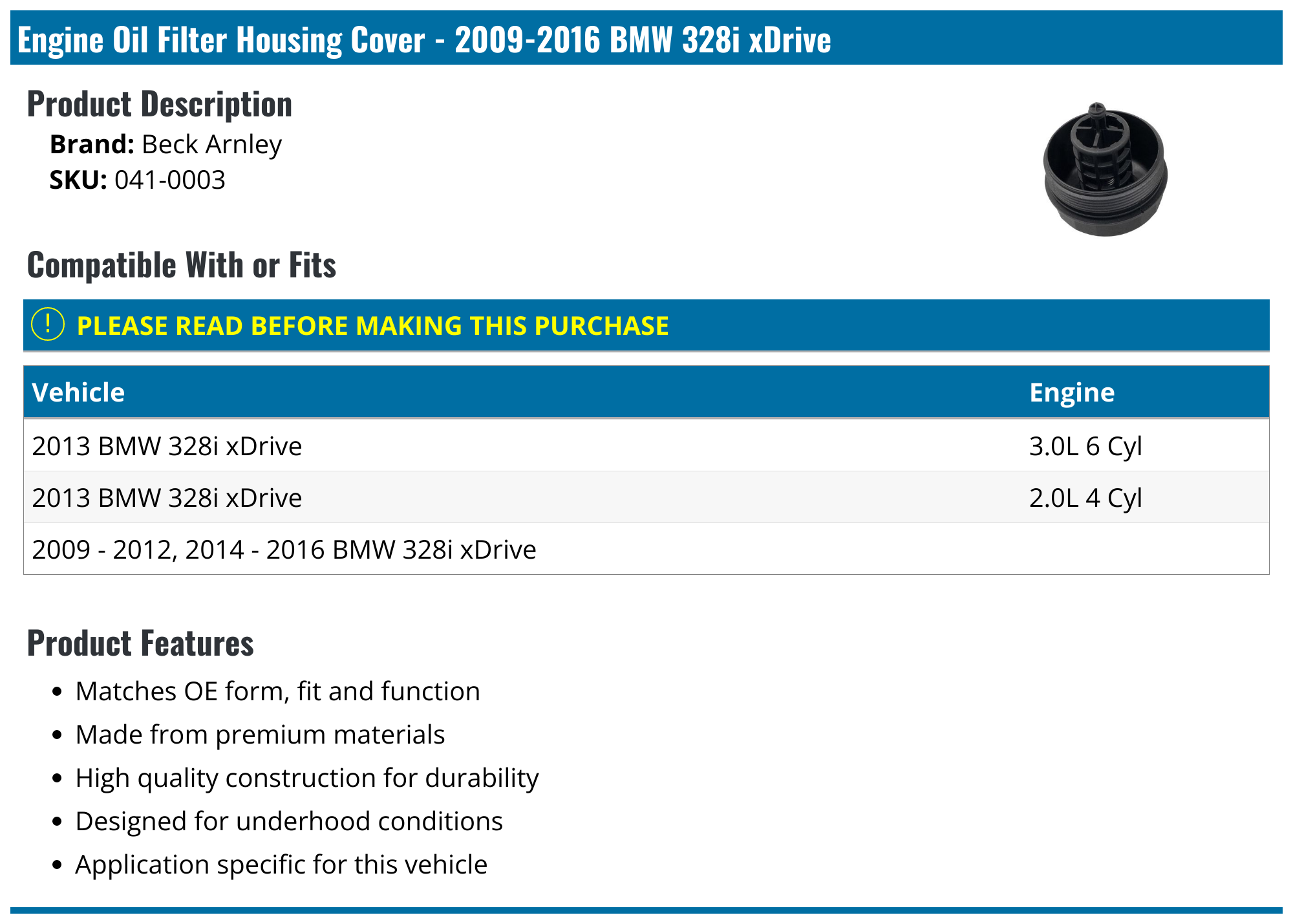 20092016 BMW 328i xDrive Engine Oil Filter Housing Cover Beck Arnley
