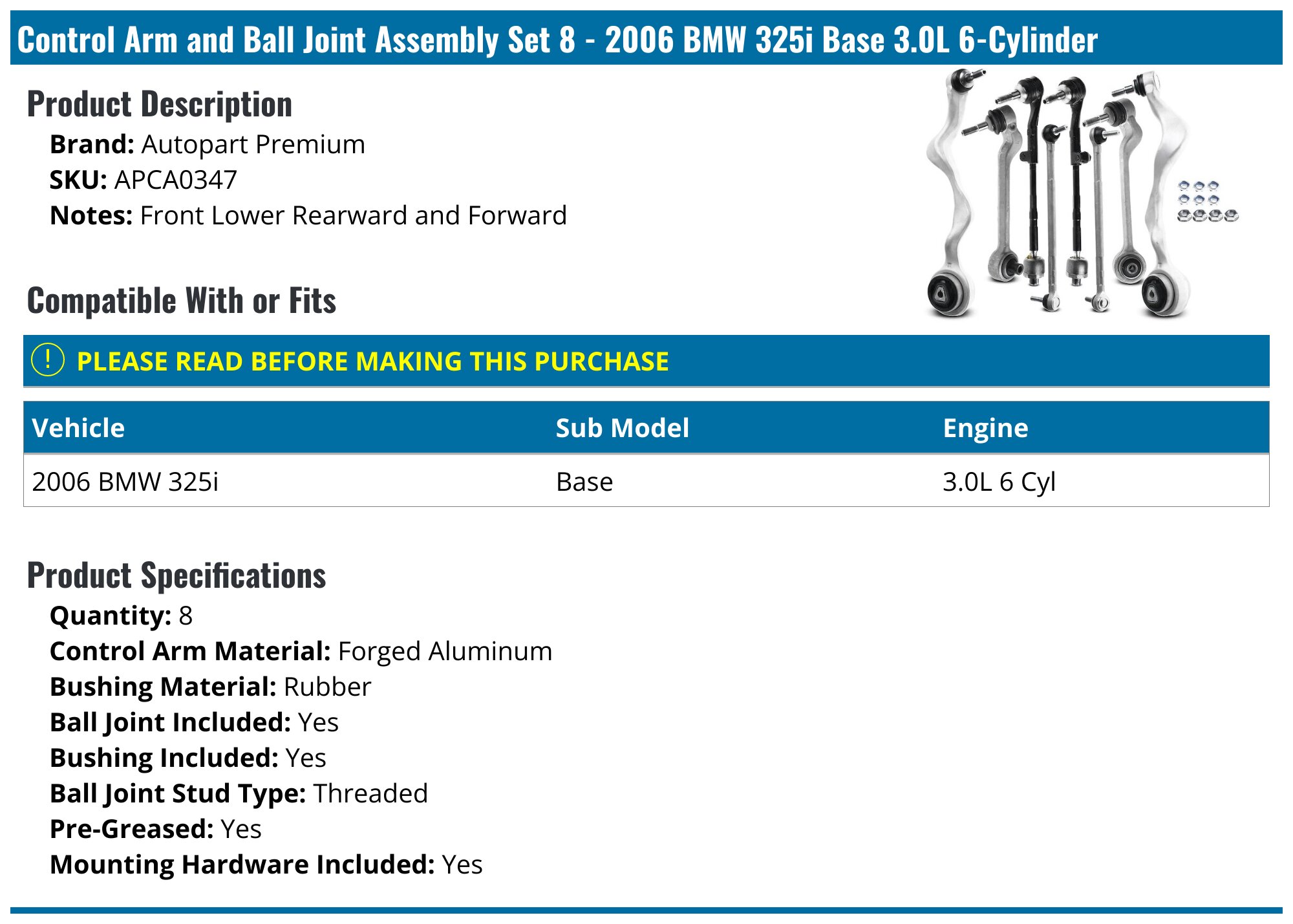 TRQ Control Arm Front Lower & Inner Ball Joint Pair For 01-05 BMW 325Xi 330xi Psa62416
