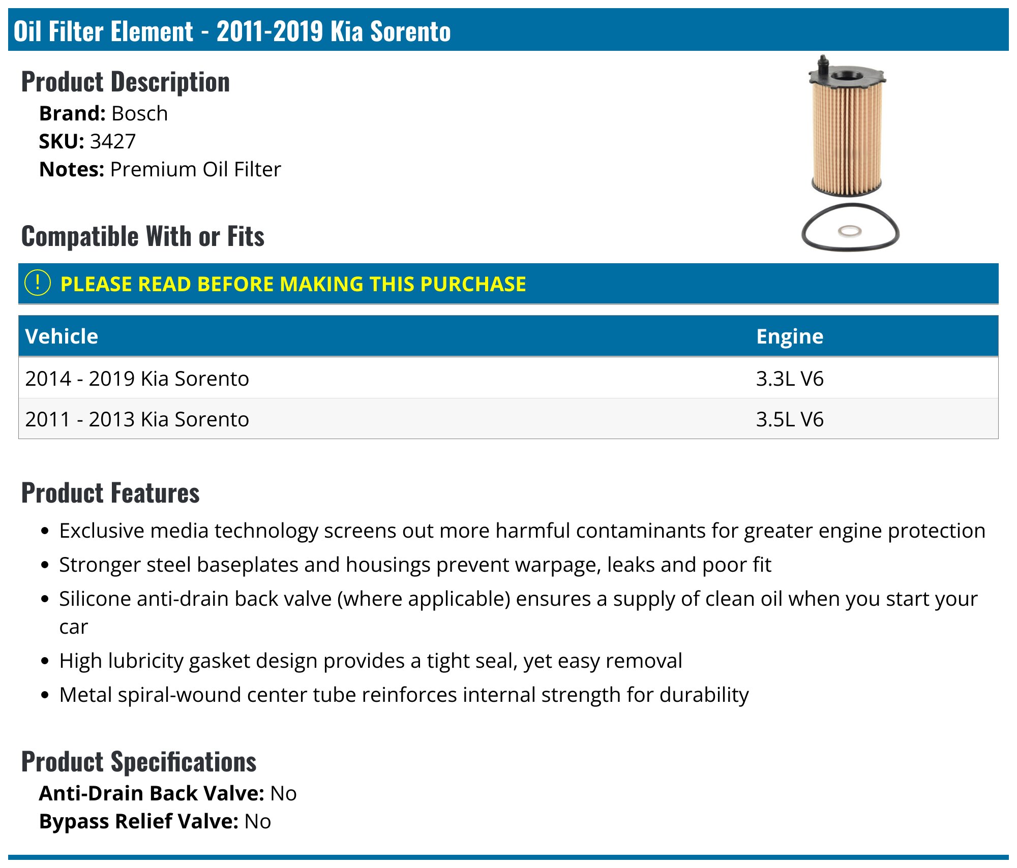 20112019 Kia Sorento Oil Filter Element Bosch 3427