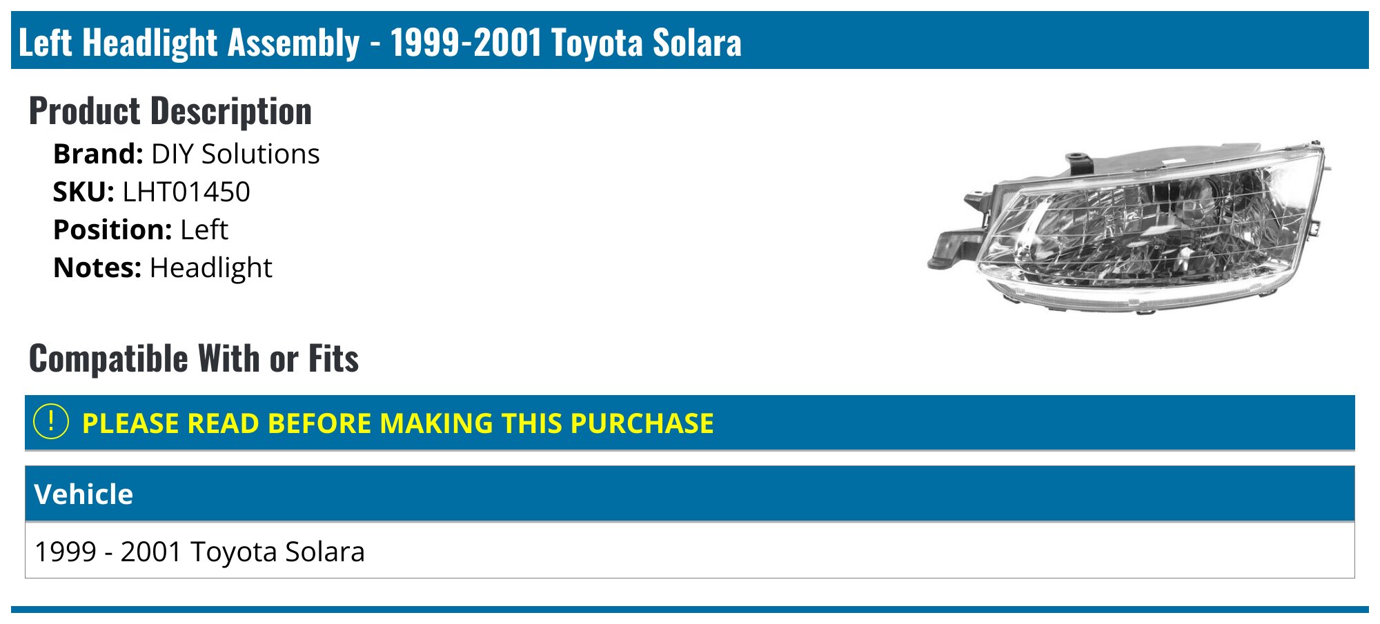 Headlightsdepot Halogen Headlight Set For 1999-2001 Toyota Solara – Direct Fit, DOT/SAE, Bulbs Included