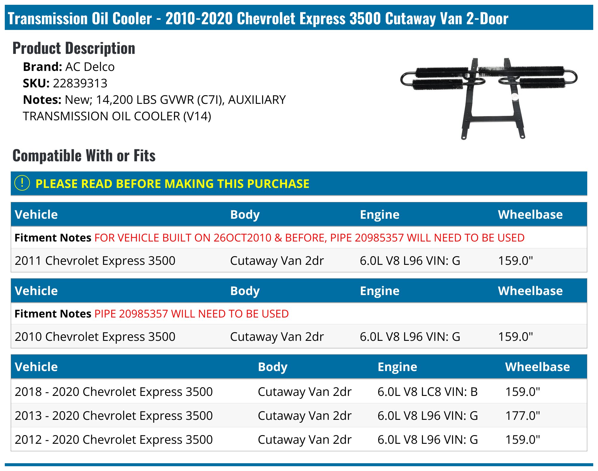 2010-2020 Chevrolet Express 3500 Automatic Transmission Oil Cooler - AC ...