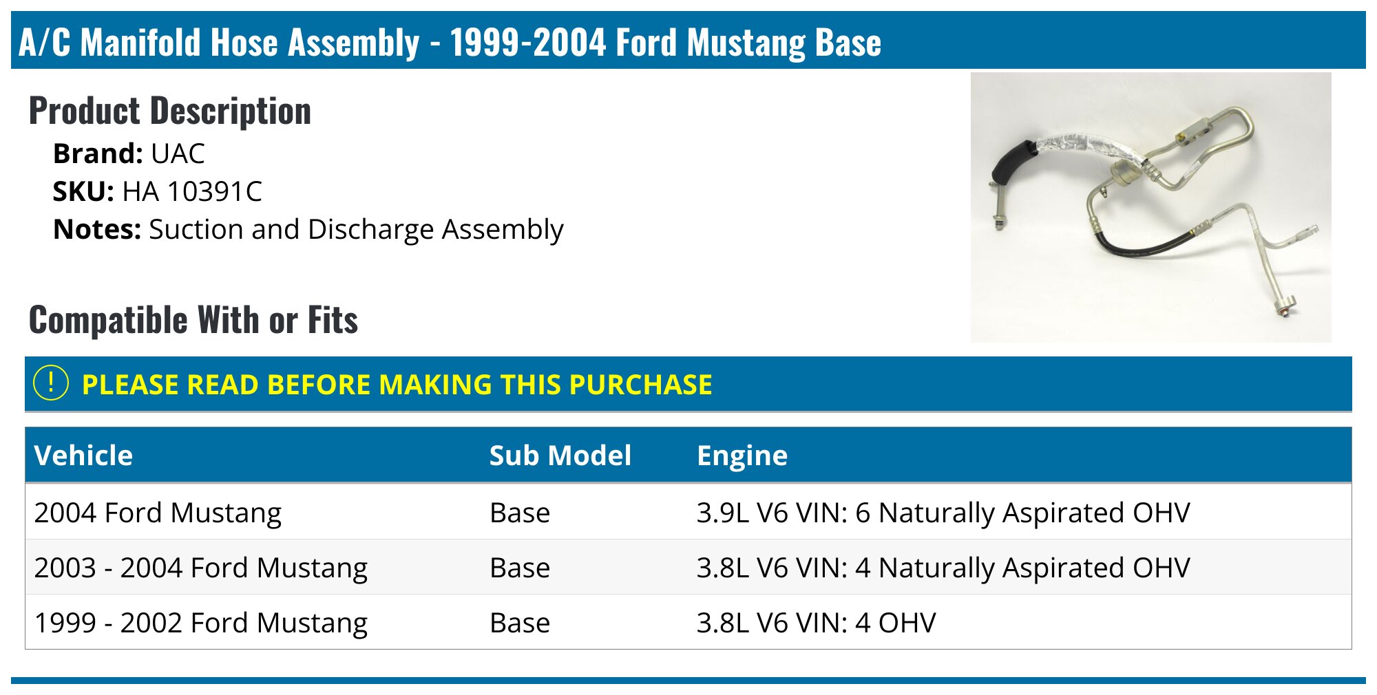 A-Premium A/C Suction Hose For Ford Mustang 2000-2004 V8 4.6L - Compressor To Evaporator
