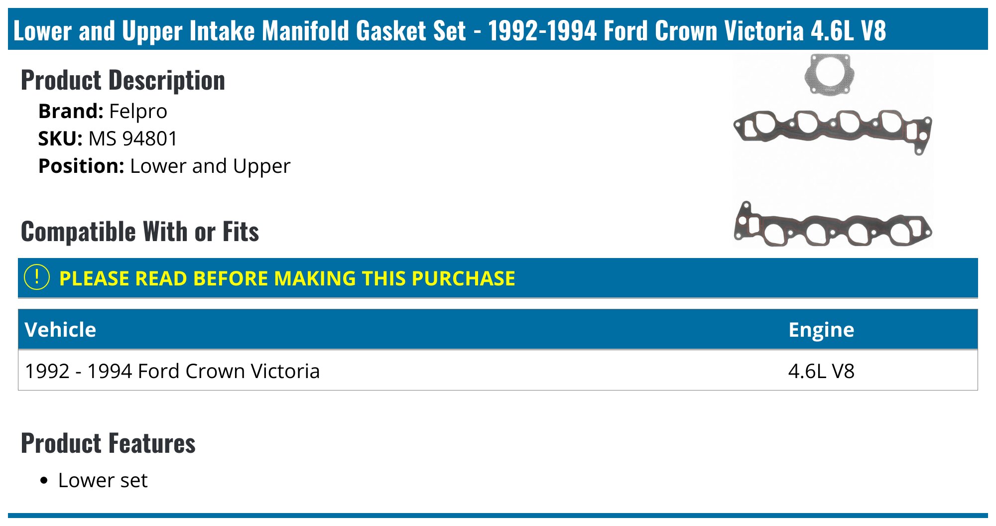 1992-1994 Ford Crown Victoria Intake Manifold Gasket - Felpro MS