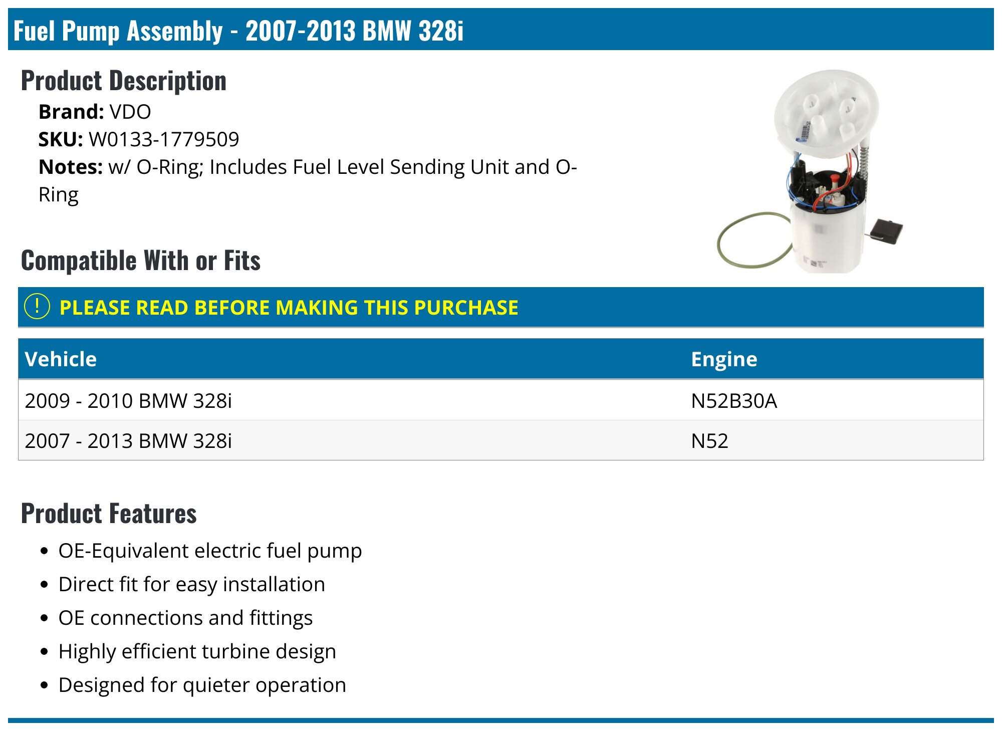2007-2013 BMW 328i Fuel Pump - VDO W0133-1779509 - PartsGeek.com