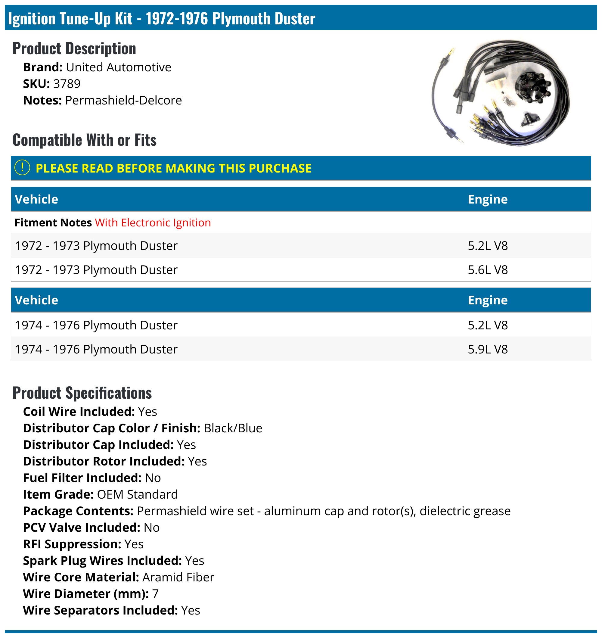 1972-1976 Plymouth Duster Spark Plug Wire Set - United Automotive