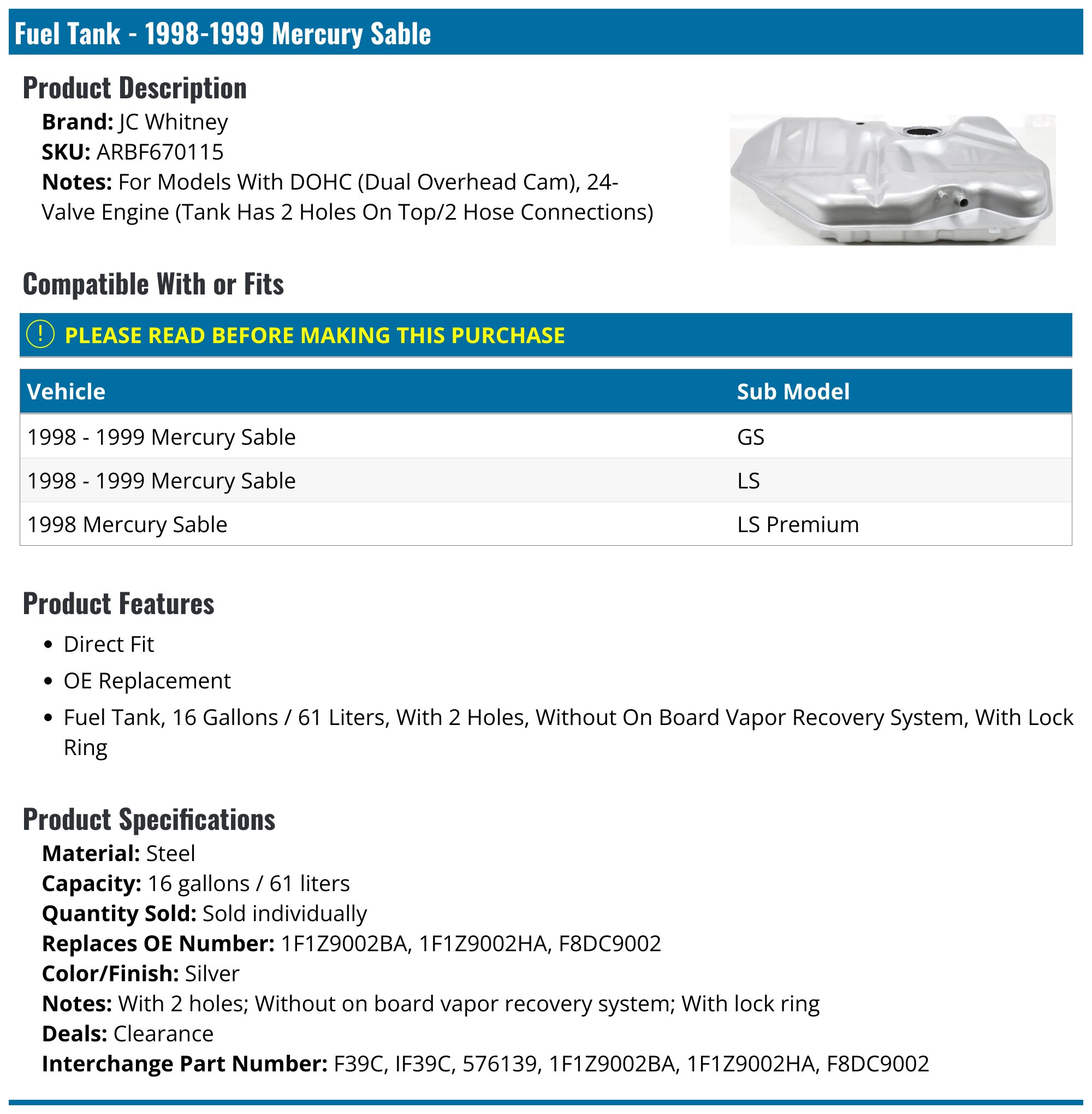 19981999 Mercury Sable Fuel Tank JC Whitney ARBF670115