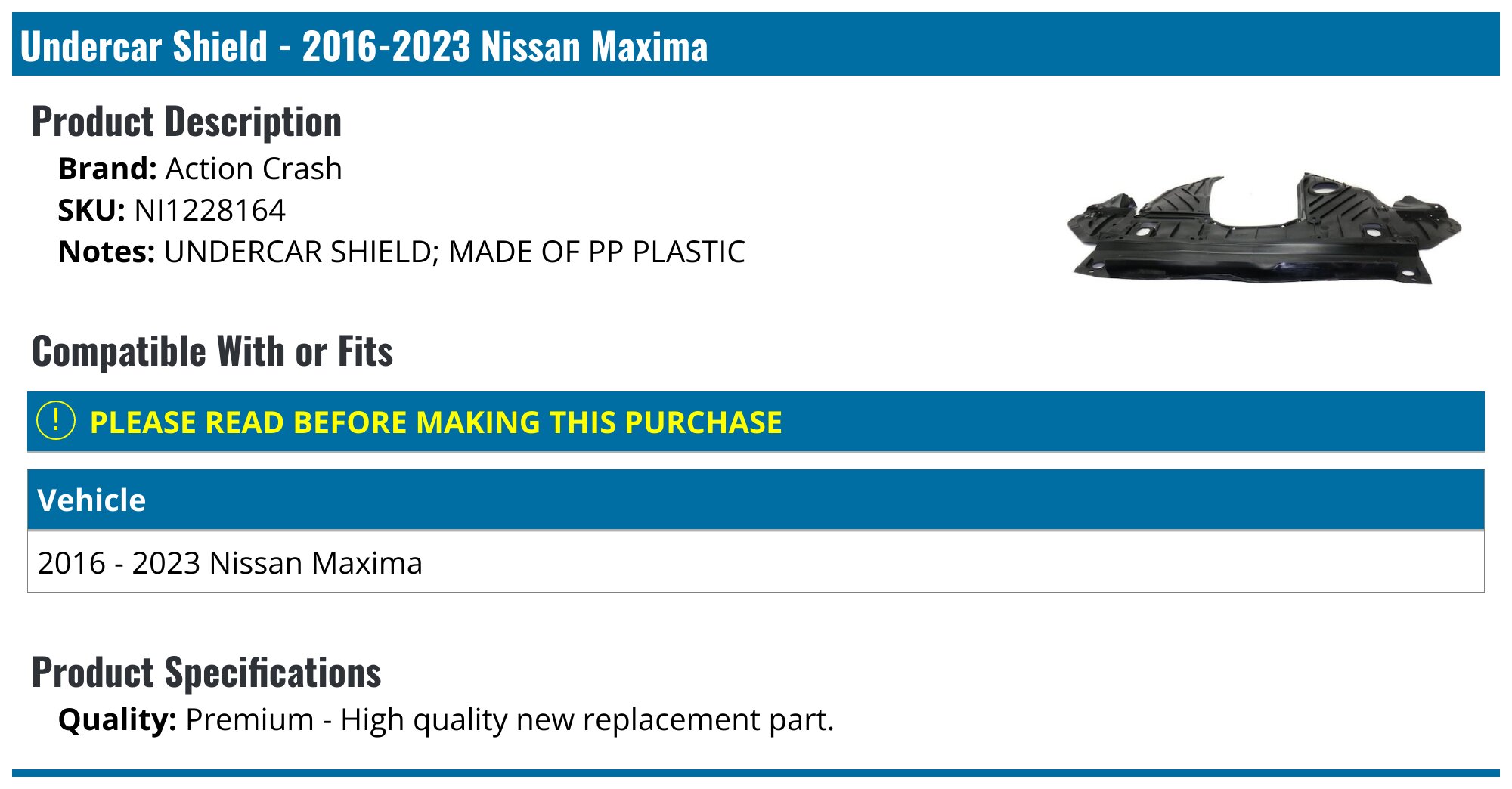Front Engine Splash Shield For Nissan Maxima (2016-2023) & Altima (2016-2018) – Under Cover