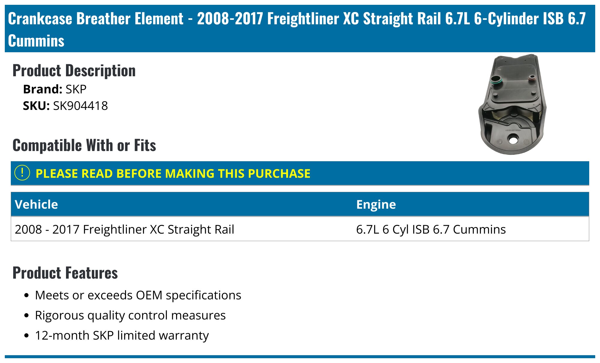 2008-2017 Freightliner XC Straight Rail Crankcase Breather Element ...