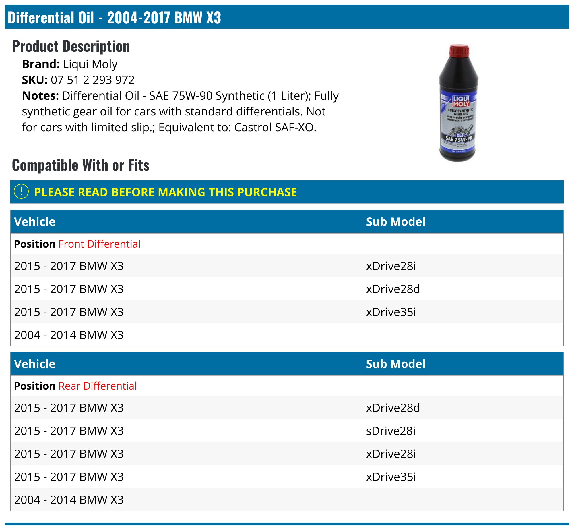 2004-2017 BMW X3 Differential Oil - Liqui Moly 07 51 2 293 972 - Rear ...