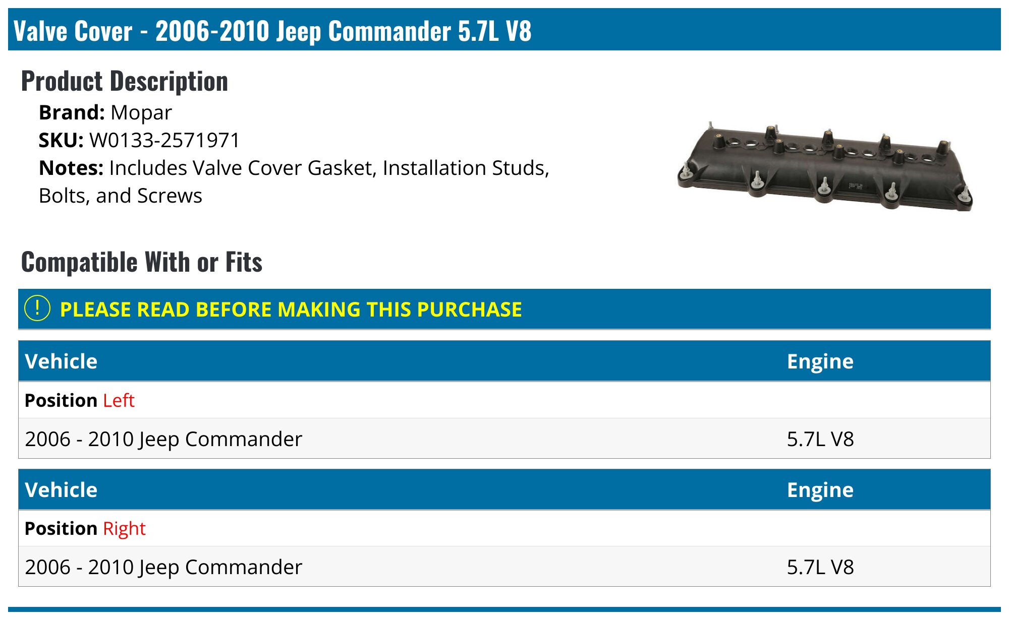 20062010 Jeep Commander Valve Cover Mopar W01332571971 Left