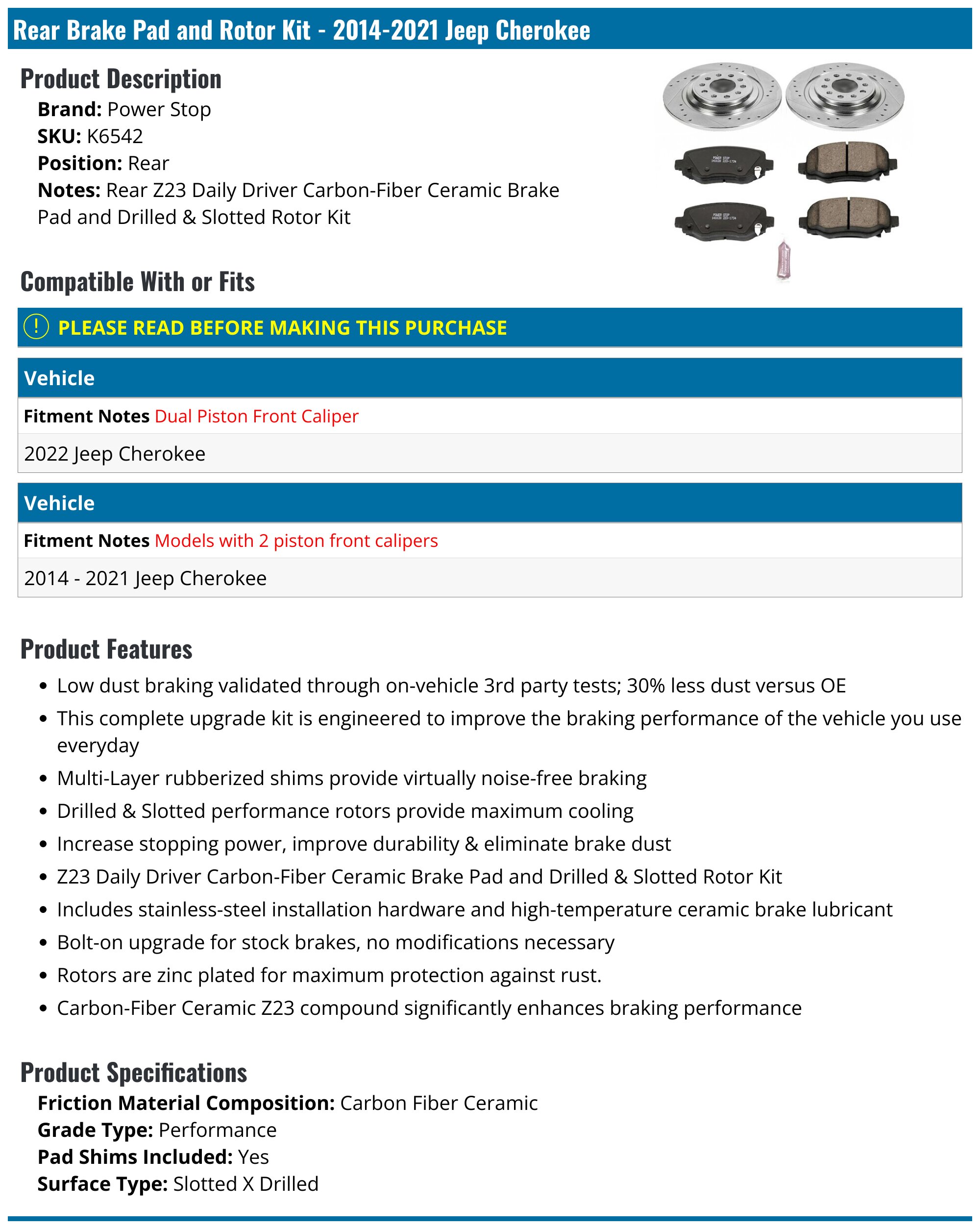 Evan-Fischer Rear Ceramic Brake Pad Set – For 2014-2020 Jeep Cherokee & 2015-2017 Chrysler 200 – With Hardware