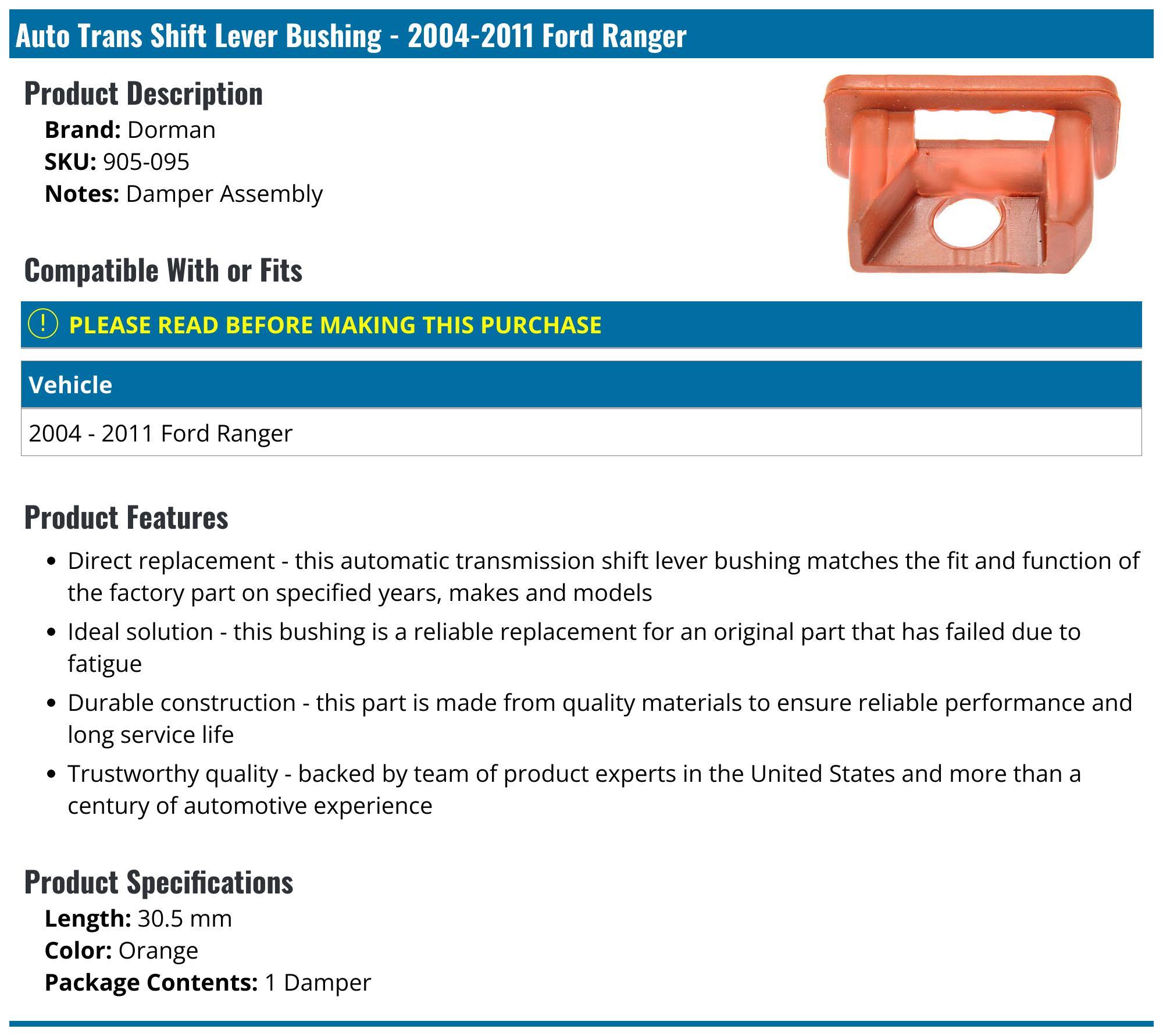 20042011 Ford Ranger Auto Trans Shift Lever Bushing Dorman 905095