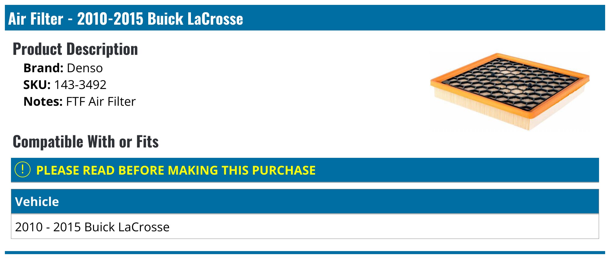 Denso Air Filter - 143-3492, Air Filters - Canada