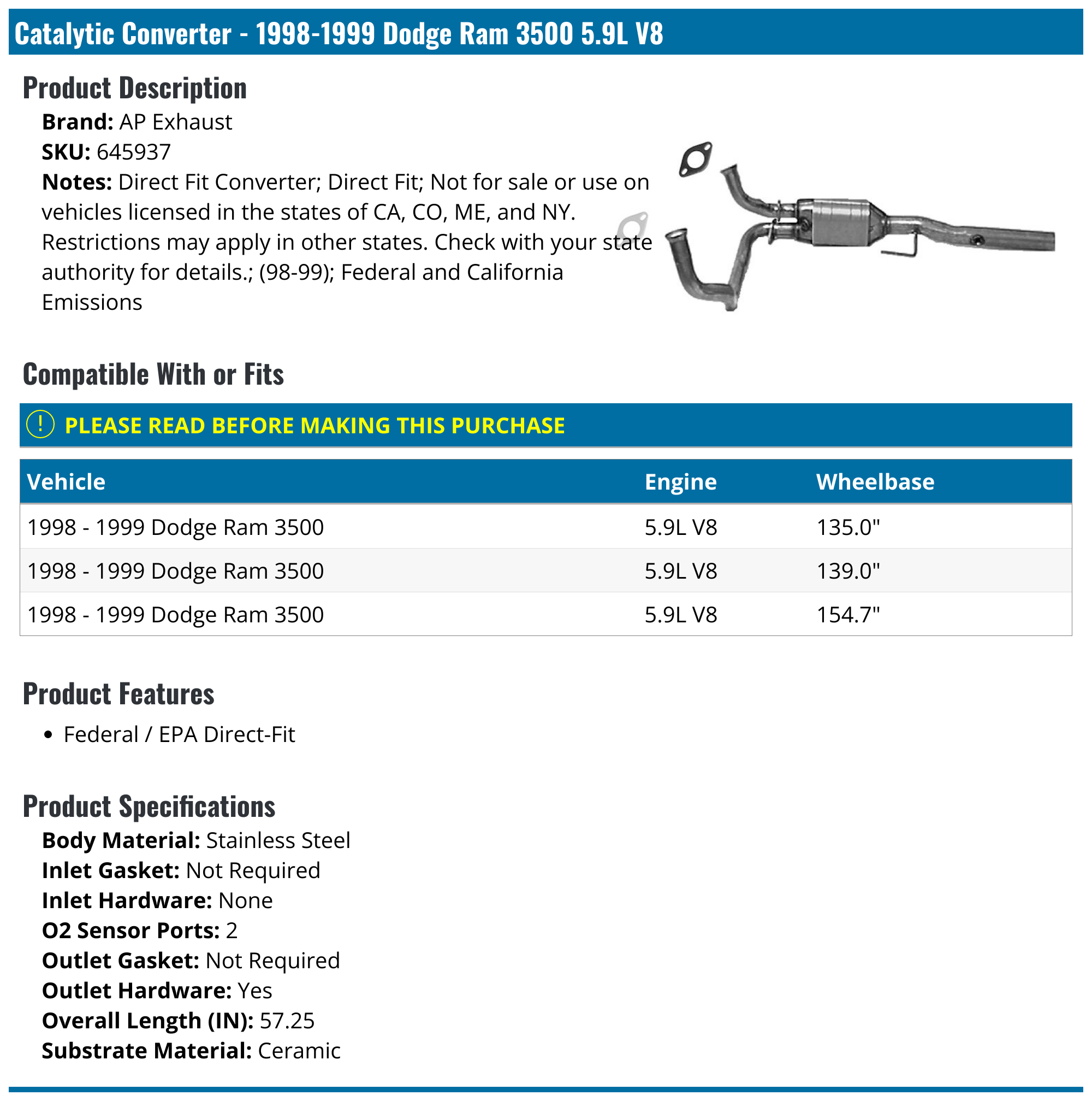 19981999 Dodge Ram 3500 Catalytic Converter AP Exhaust 645937