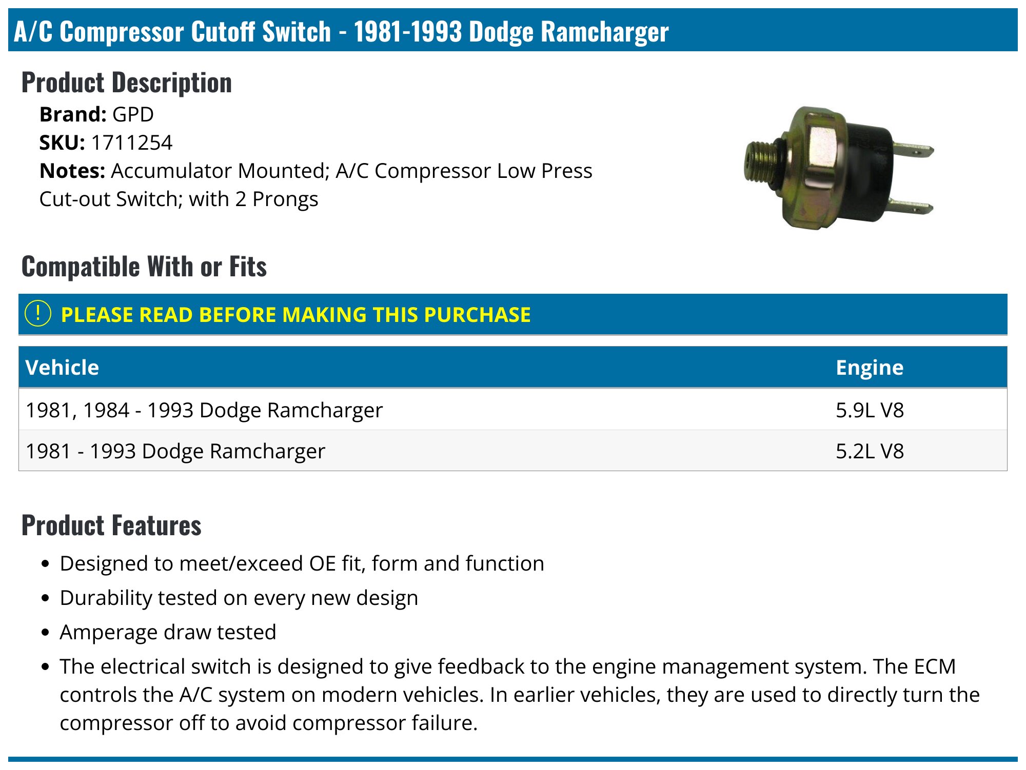 1981-1993 Dodge Ramcharger A/C Compressor Cutoff Switch - GPD 1711254 ...
