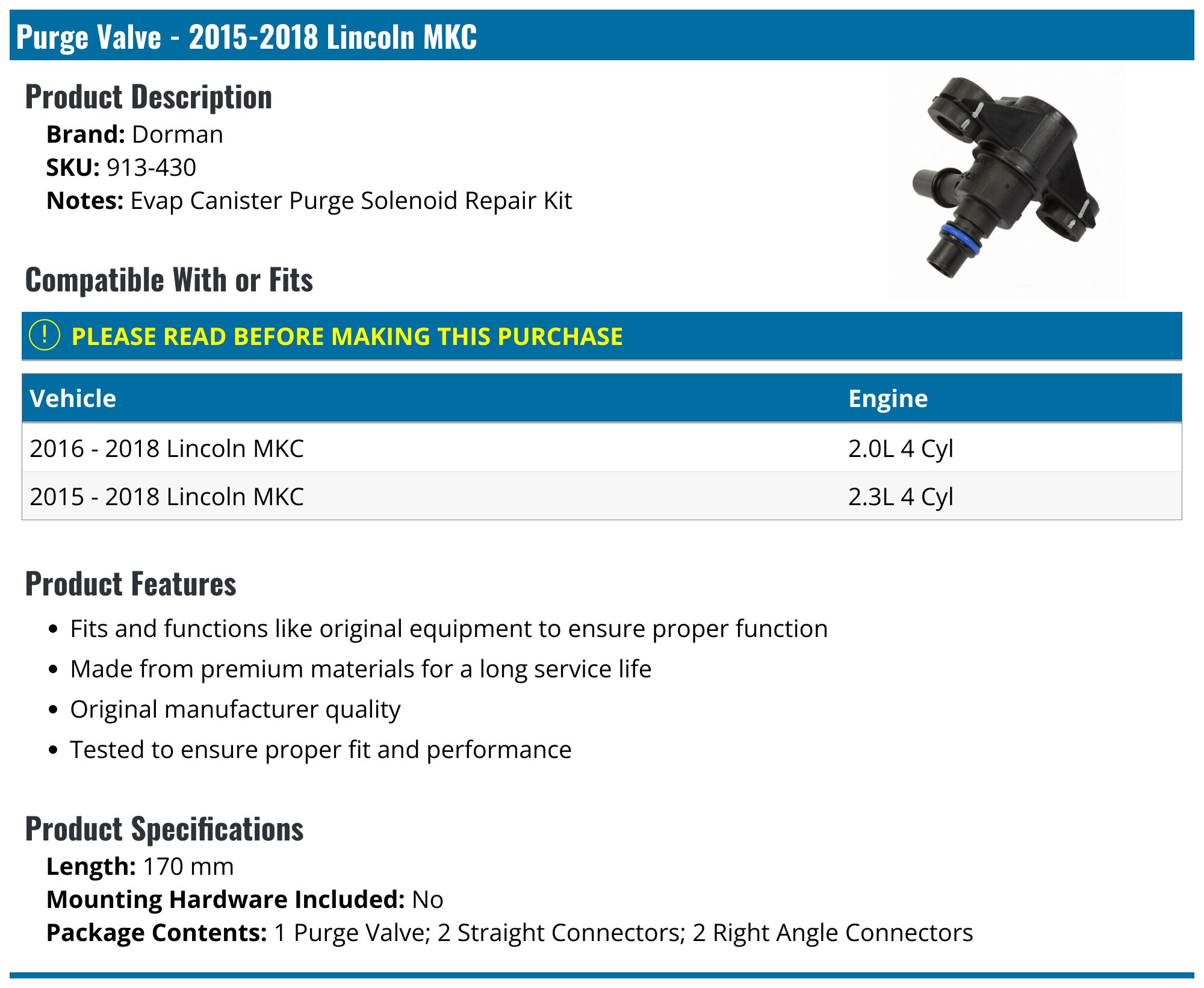 20152018 Lincoln MKC Purge Valve Dorman 913430