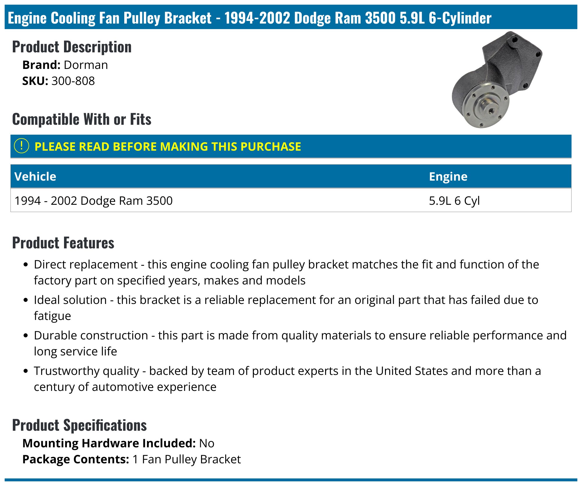 1994-2002 Dodge Ram 3500 Engine Cooling Fan Pulley Bracket - Dorman 300 ...