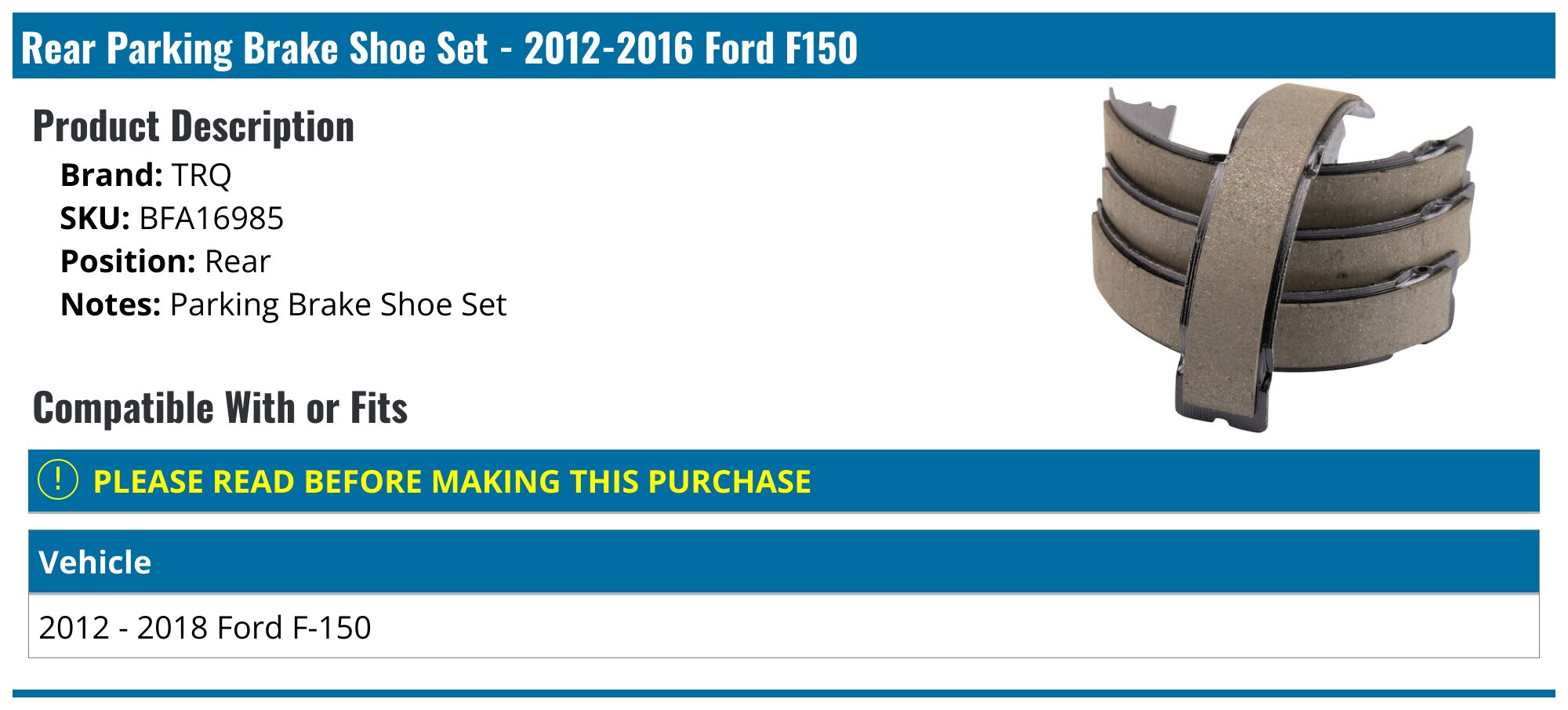 For 2012-2018 Ford F150 Brake Shoe Set Rear API 89162JC 2013 2014 2015 2016 2017
