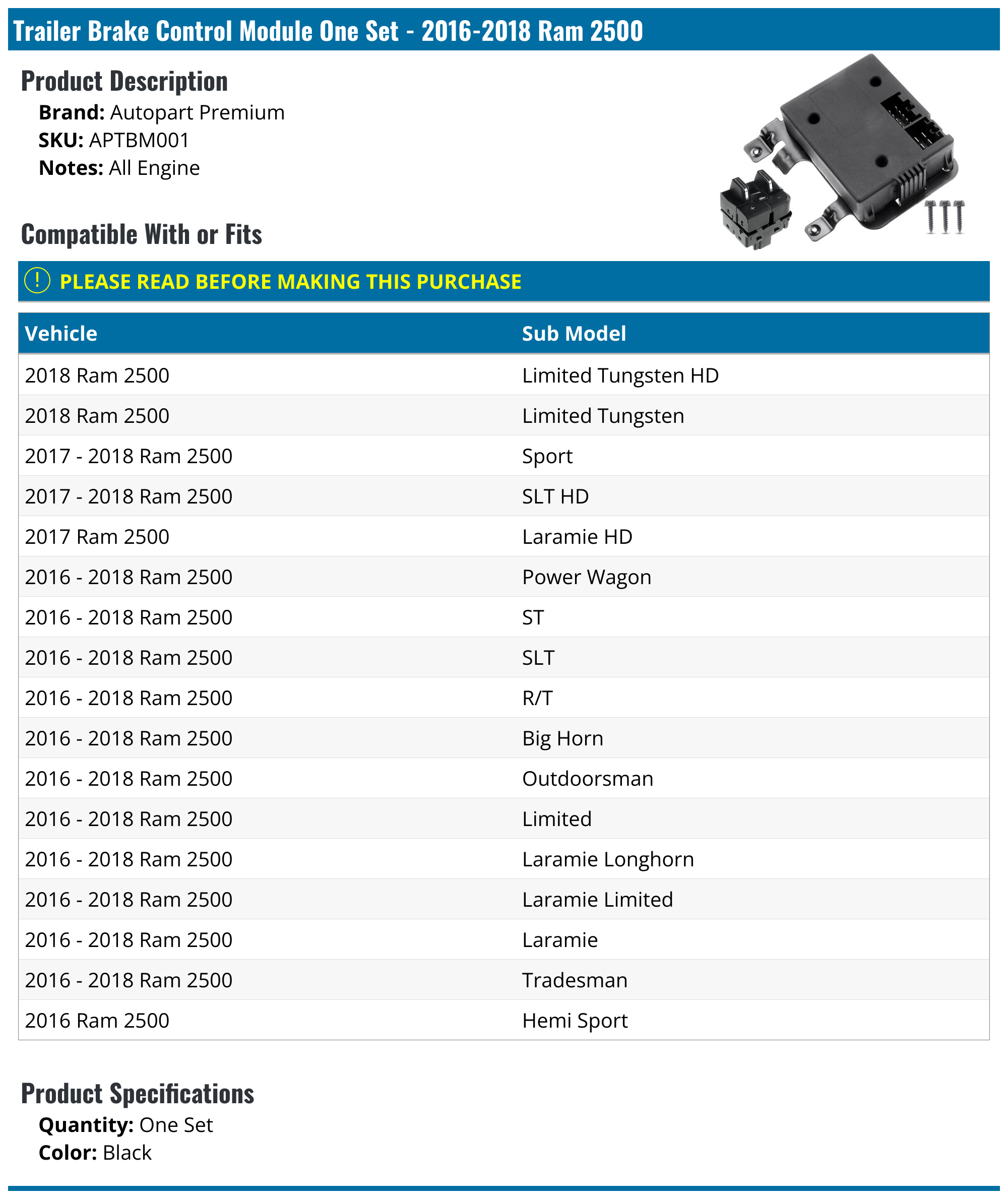 20162018 Ram 2500 Trailer Brake Control Autopart Premium APTBM001