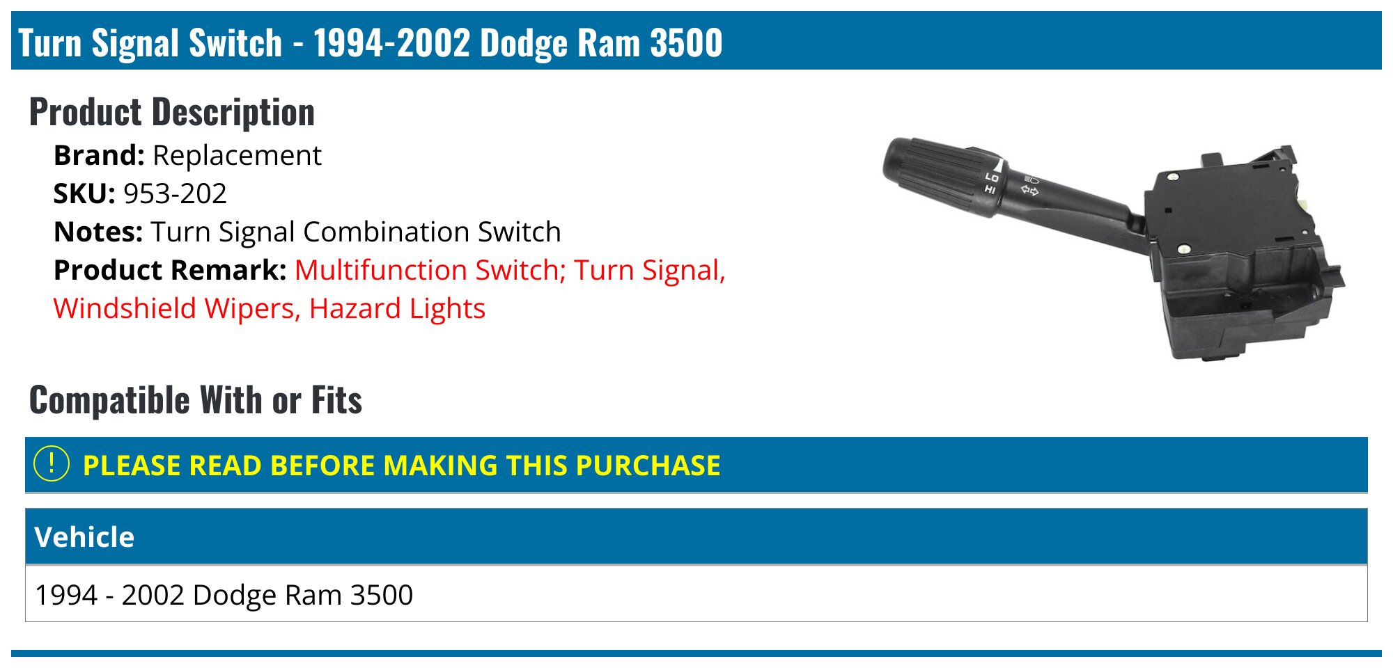 Wiper Control Turn Signal Switch For Ram 1500 2500 & Dakota