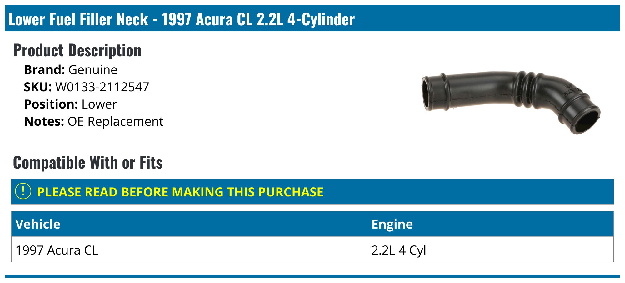 Fuel Tank Filler Neck With Clip For Honda Civic 1999-2000 & Acura Integra 2000-2001 – Direct Replacement