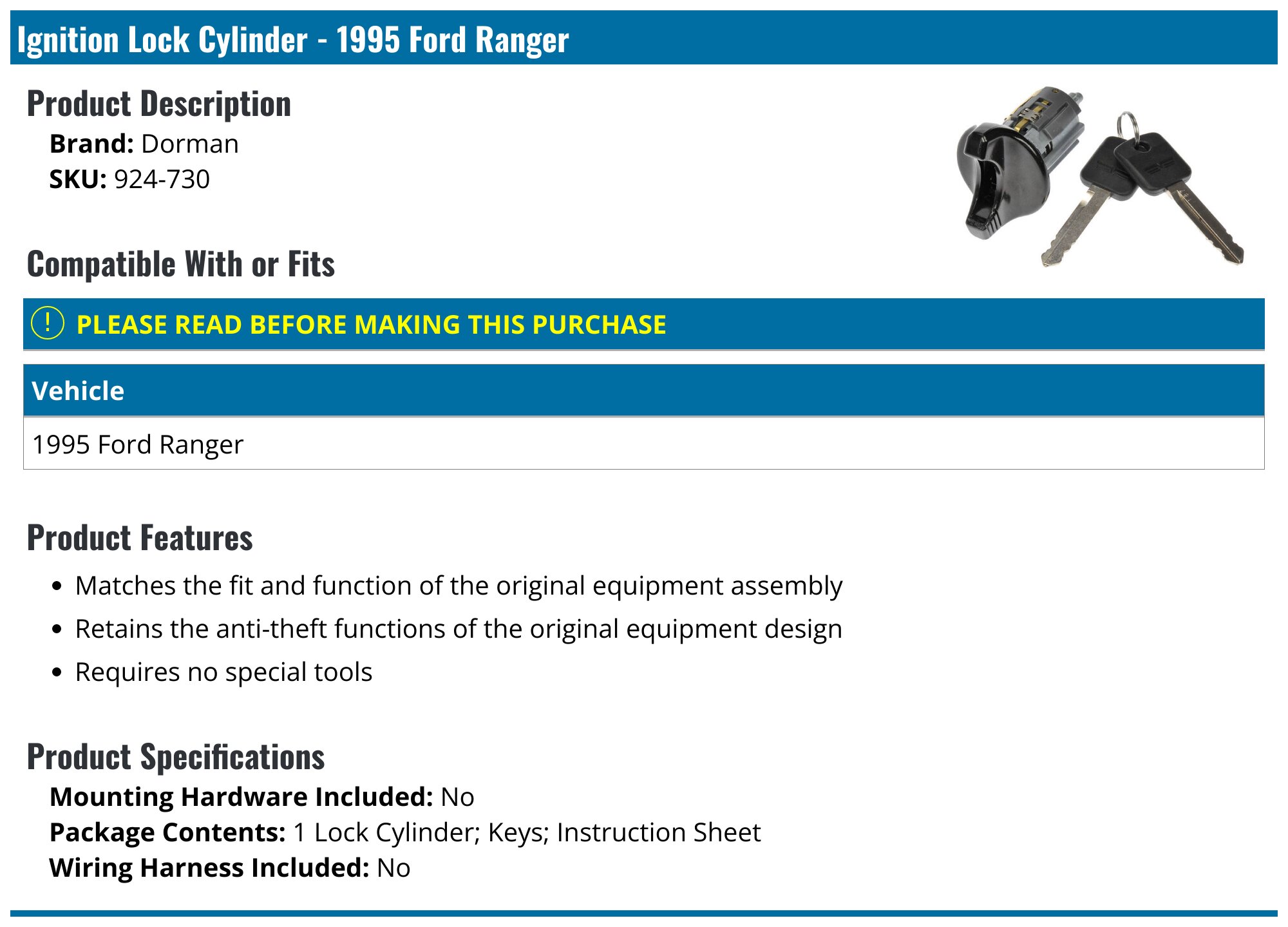 1995 Ford Ranger Ignition Lock Cylinder Dorman 924730