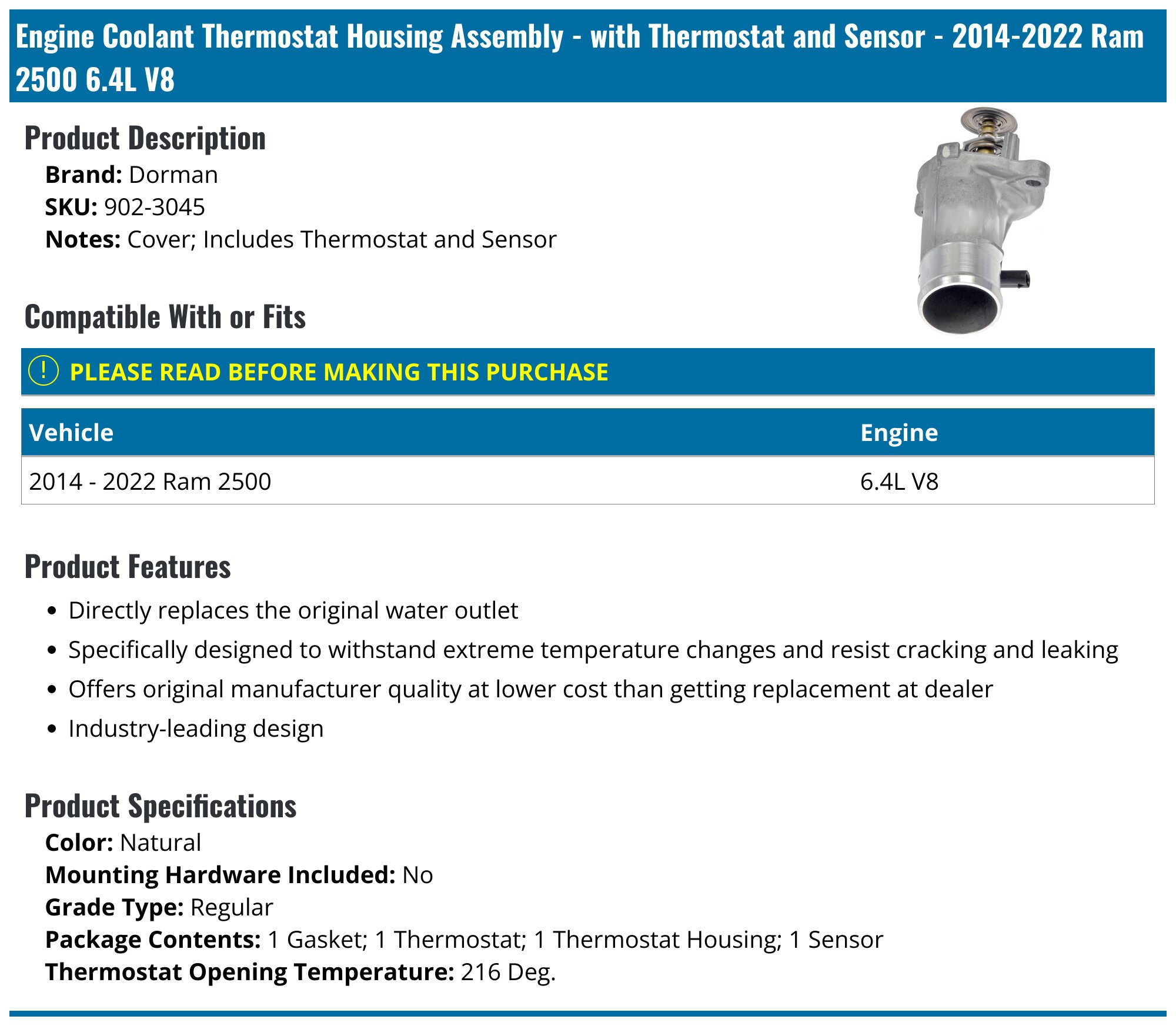 A-Premium Thermostat Housing Assembly For Ram 1500 2014-2022 3.6L V6 – Includes Thermostat & Sensor