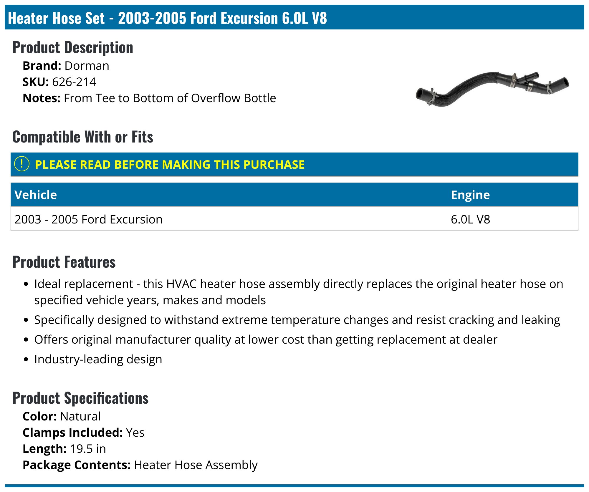 Excursion Rear Heater Hose Assembly Rear Ac 2003-2005 Ford Excursion Heater Hose - Dorman 626-214 - - PartsGeek.com