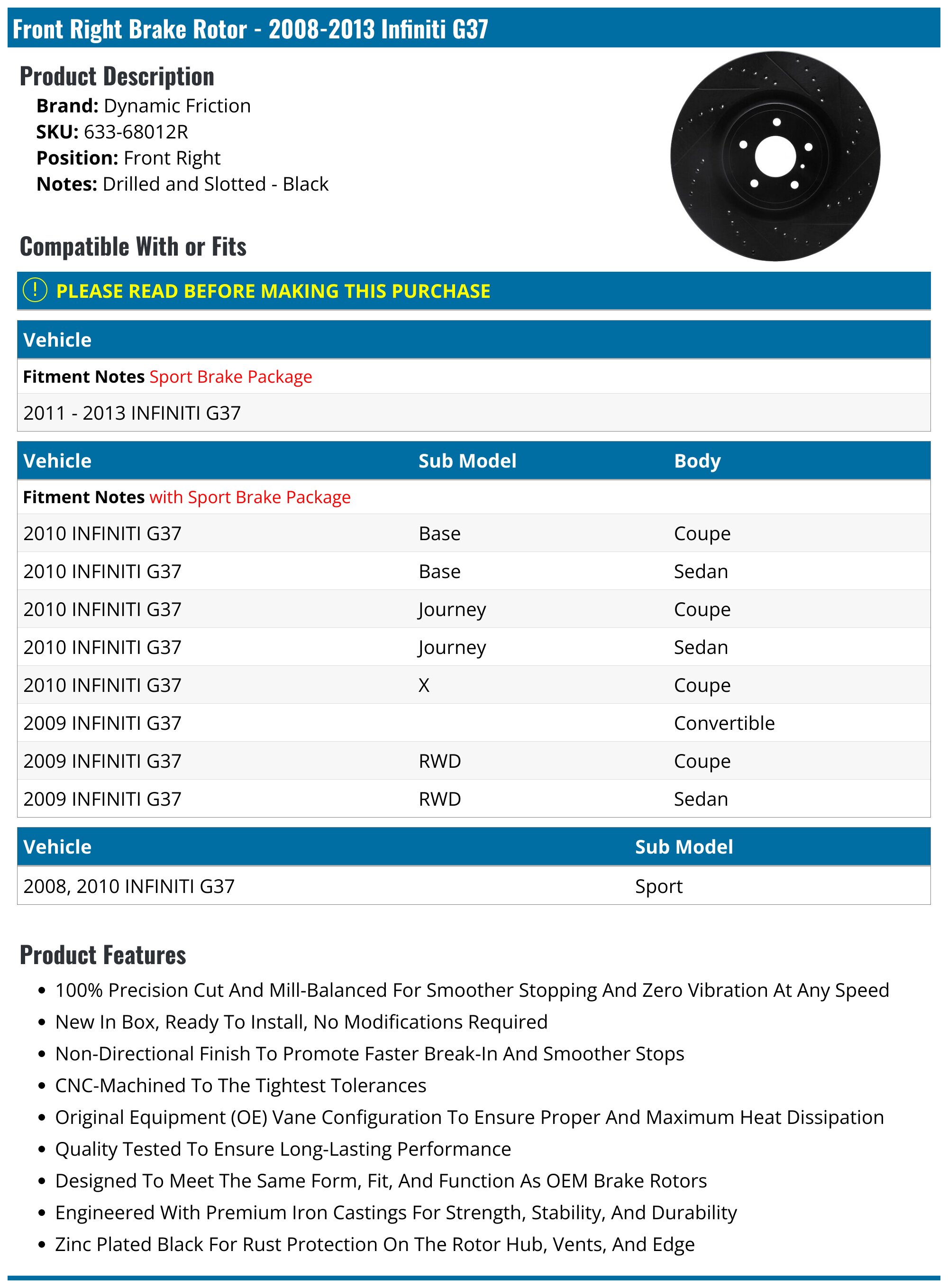 20082013 Infiniti G37 Brake Rotor Dynamic Friction 63368012R