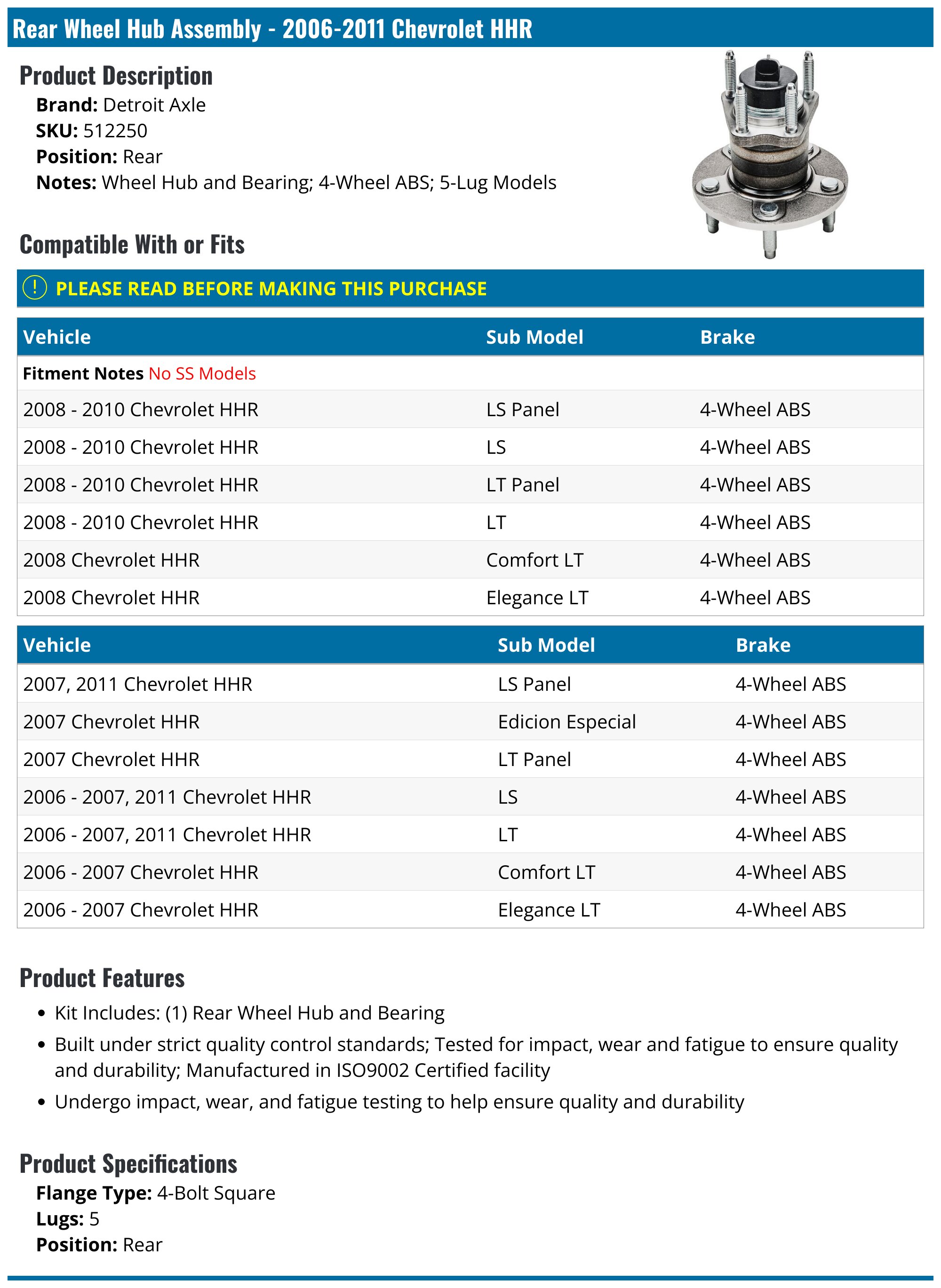 2006-2011 Chevrolet HHR Wheel Hub Assembly - Detroit Axle 512250 - Rear ...