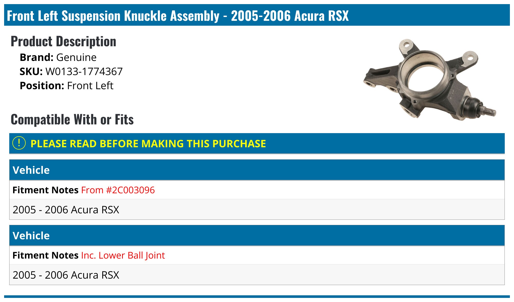 Acura RL 05-12 Knuckle Spindle, Front Left/Drivers Side, 51215-SJA-010 Acura RL 05-12 Knuckle Spindle, Front Left/Drivers Side, 51215-SJA-010