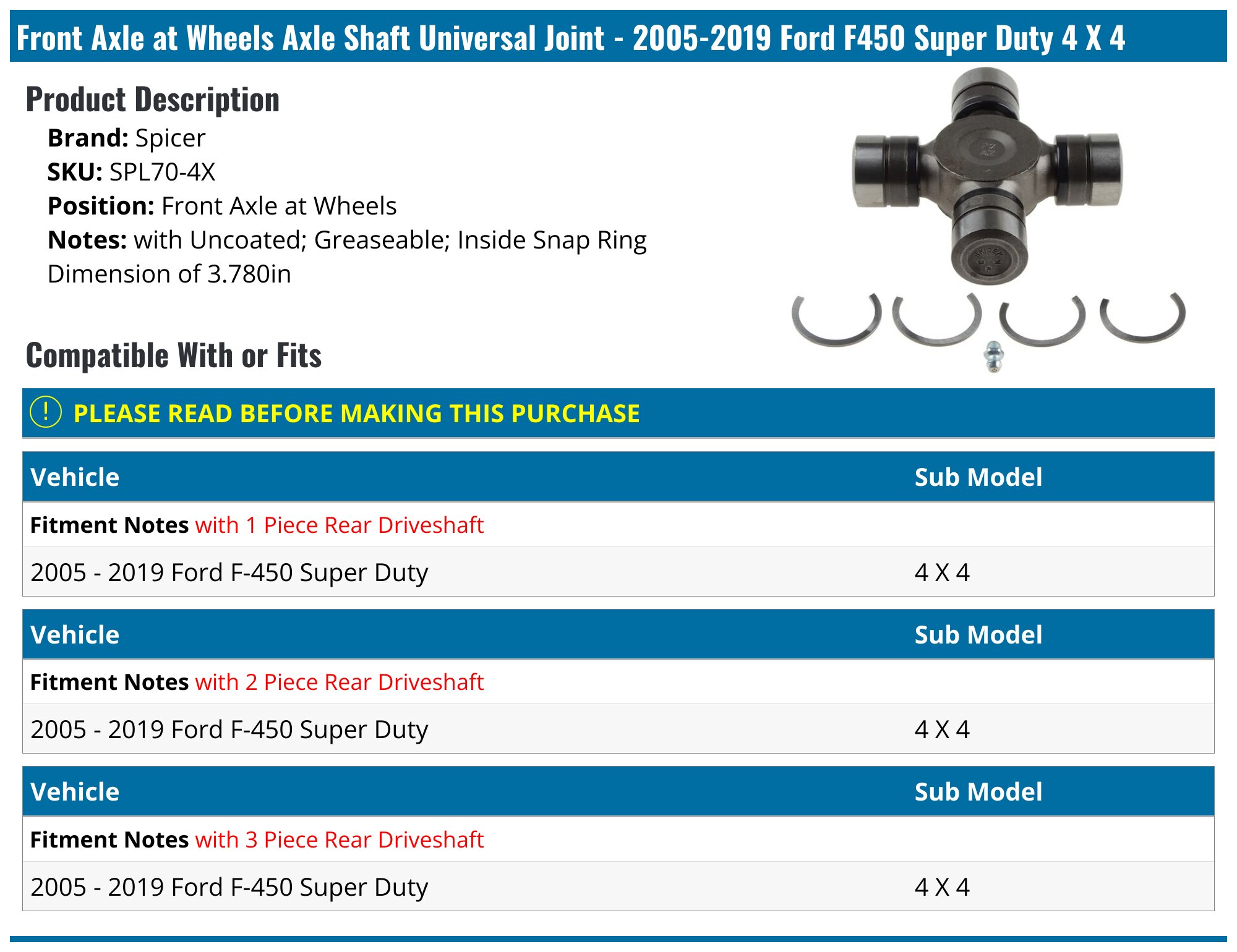 20052019 Ford F450 Super Duty Universal Joint Spicer SPL704X