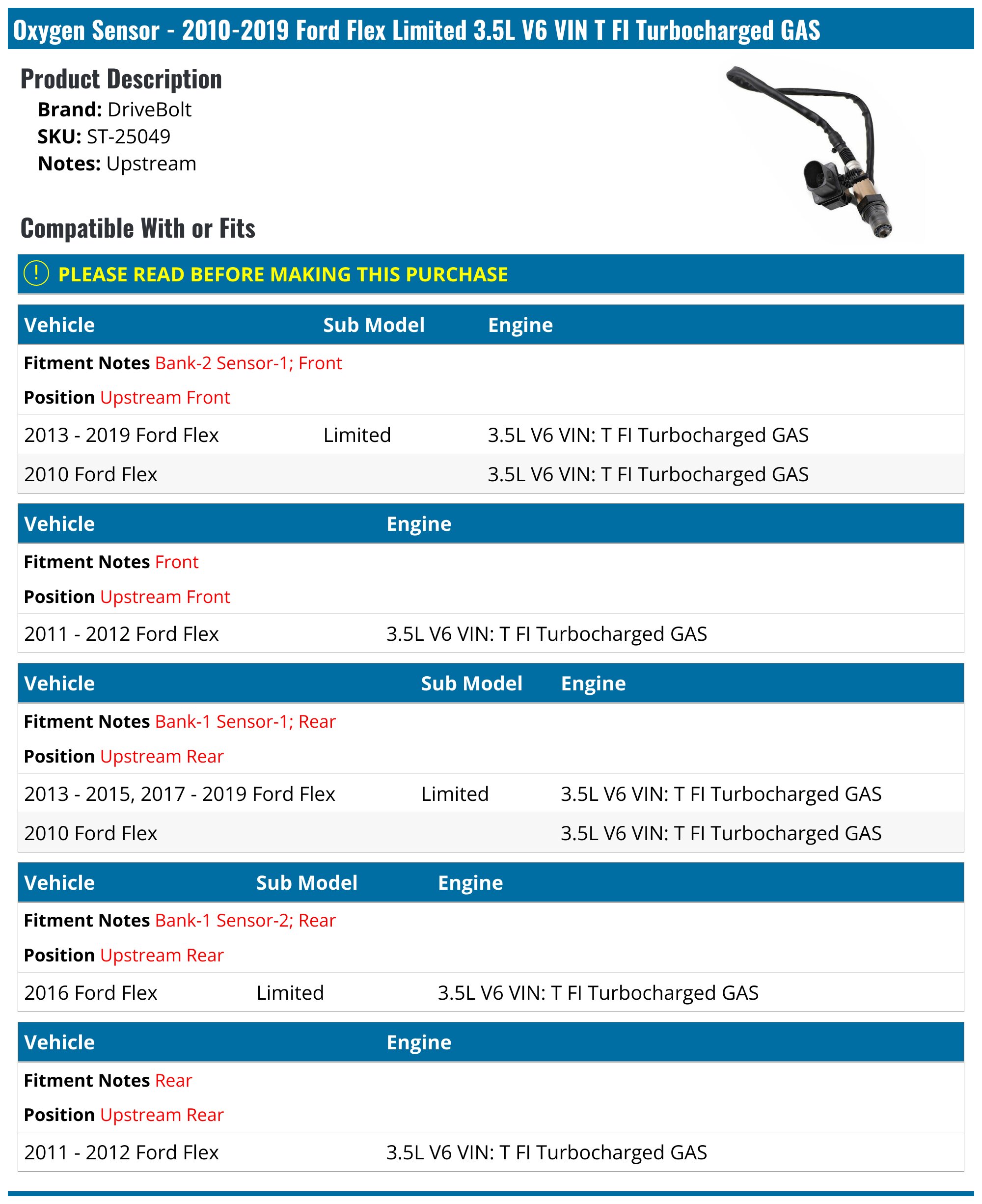 2010-2019 Ford Flex Oxygen Sensor - DriveBolt ST-25049 - Upstream Front ...