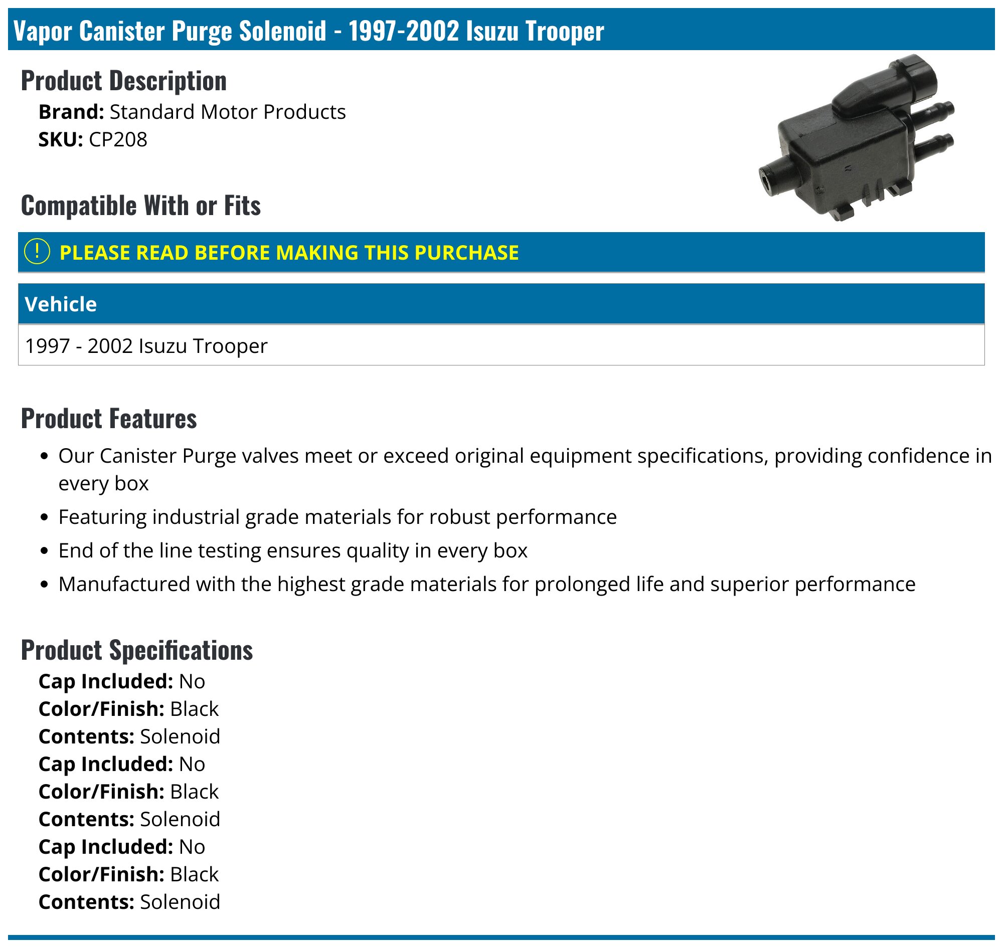 New SMP Vapor Canister Purge Solenoid For 1998-2004 Mercedes-Benz