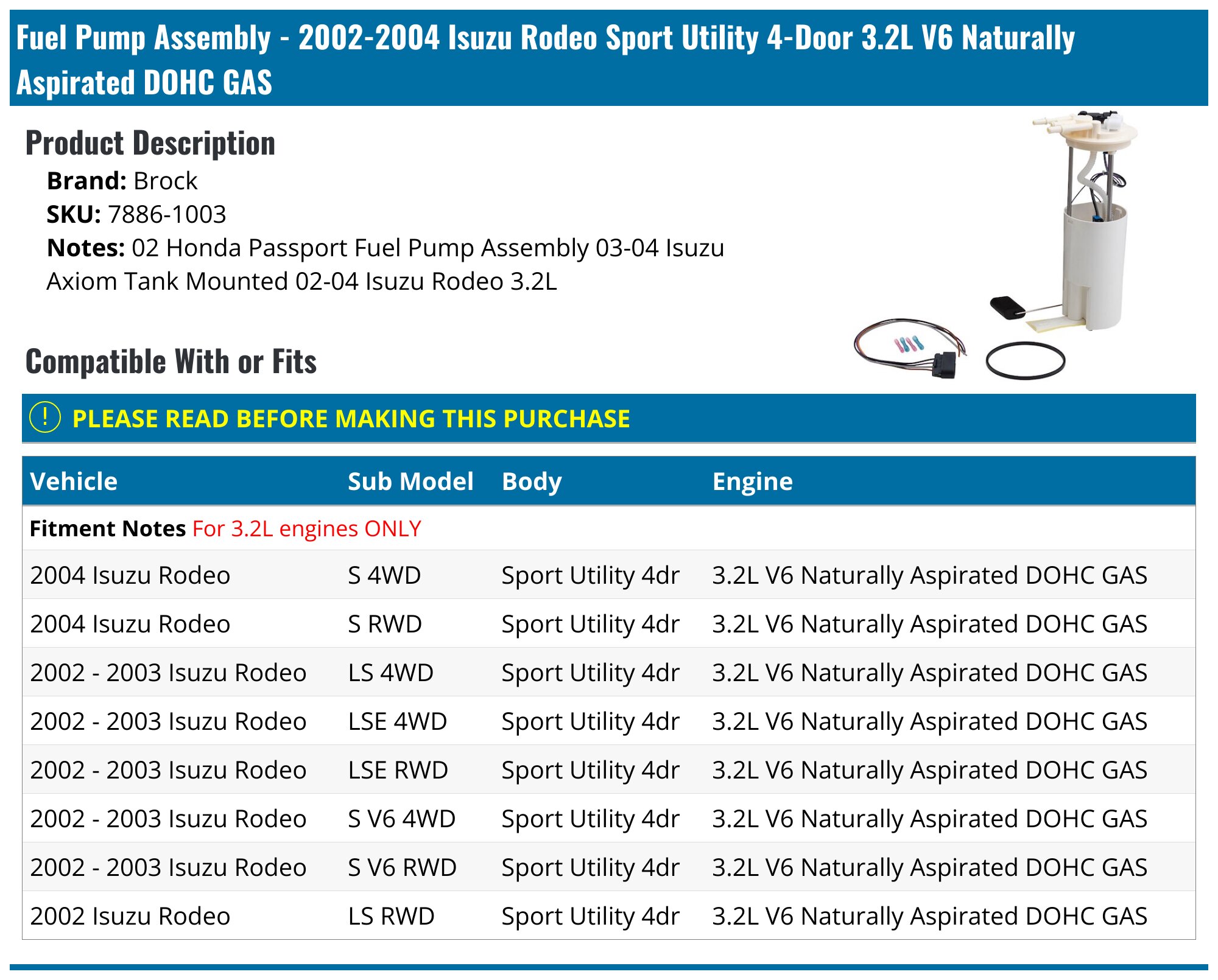 Fuel Pump Hanger Assembly For 1993-1997 Isuzu Rodeo / 1996-1997 Honda Passport