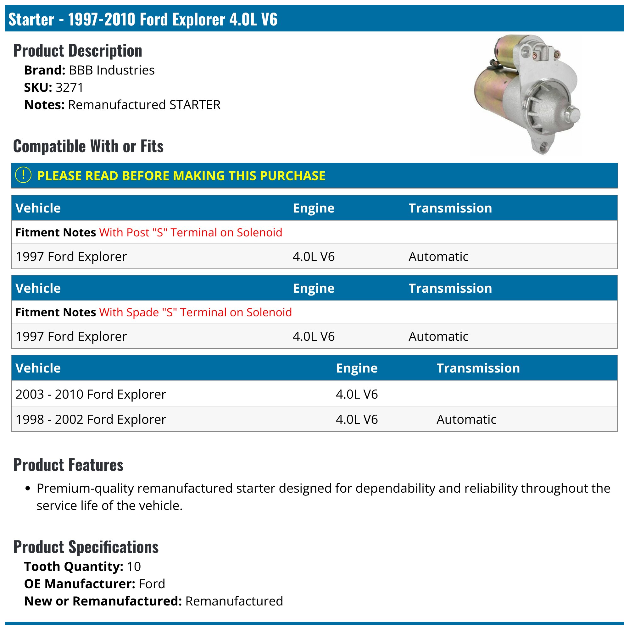 New Starter Motor For Ford Explorer 4.0L V6 1997-2003 - E-Auto Parts Wholesale