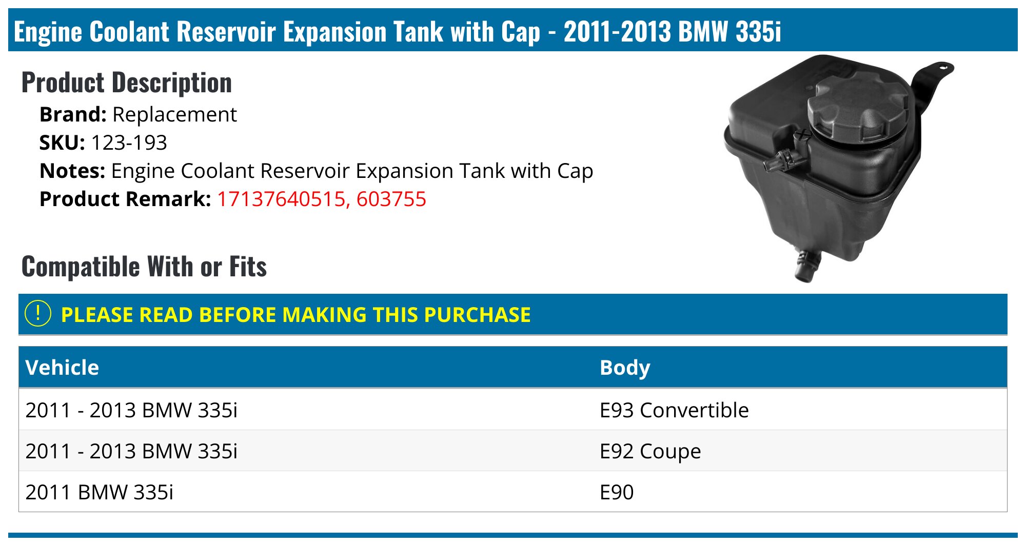2011-2013 BMW 335i Expansion Tank - Replacement 123-193 - PartsGeek.com