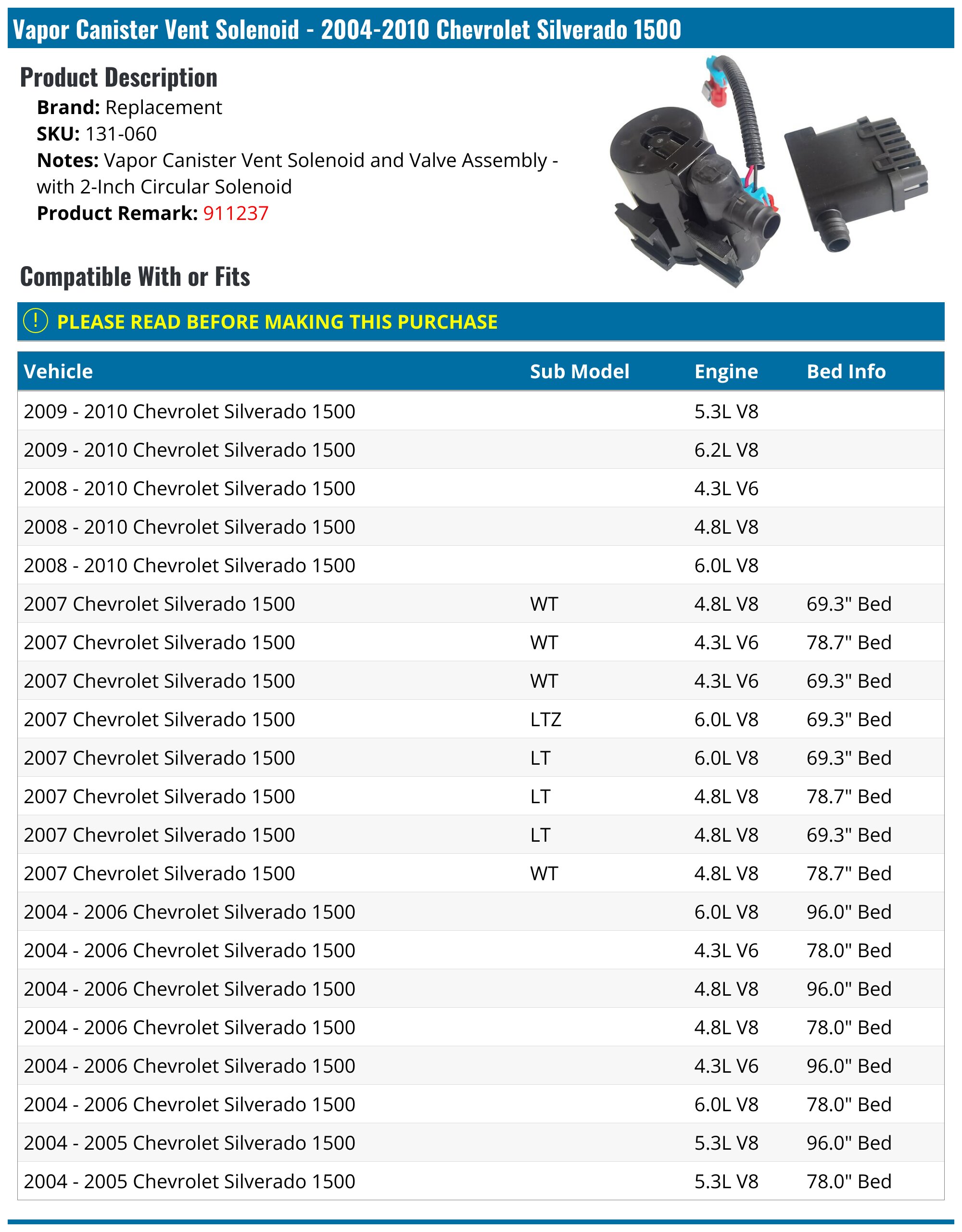 20042010 Chevrolet Silverado 1500 Vapor Canister Vent Valve