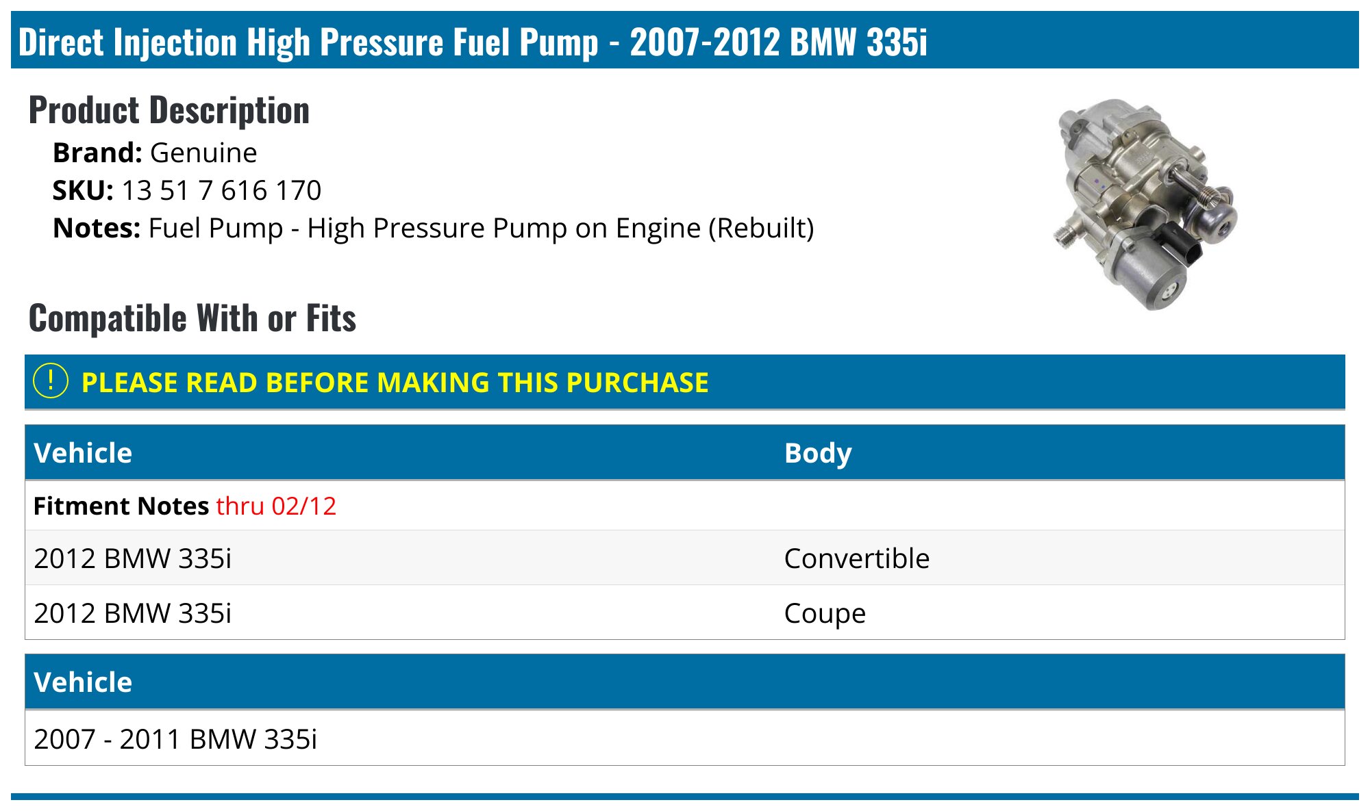 2007-2012 BMW 335i Fuel Pump - Genuine 13 51 7 616 170 - PartsGeek.com