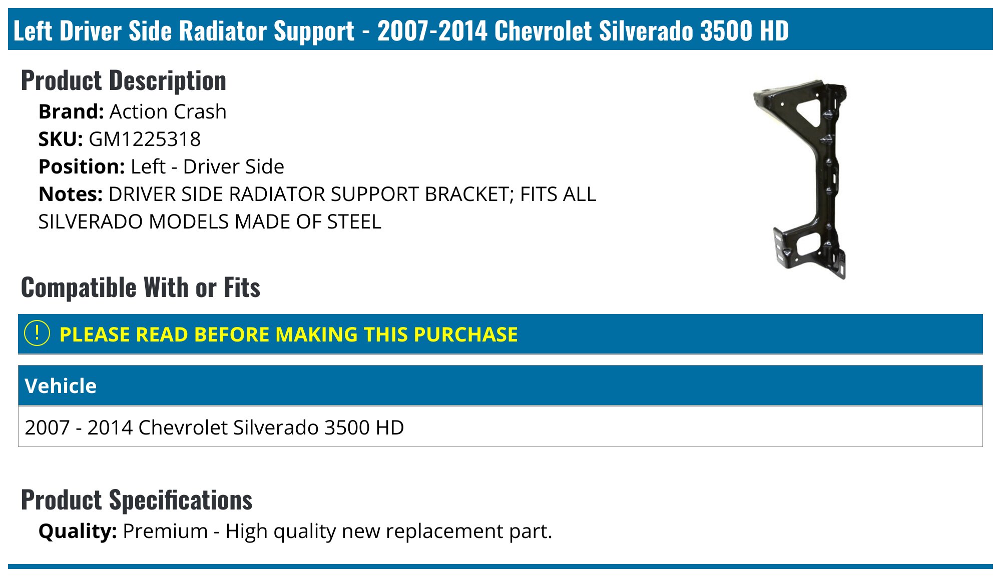 Replacement Radiator Support For 2017-2019 Chevy Silverado 2500 HD & GMC Sierra - GM1225388