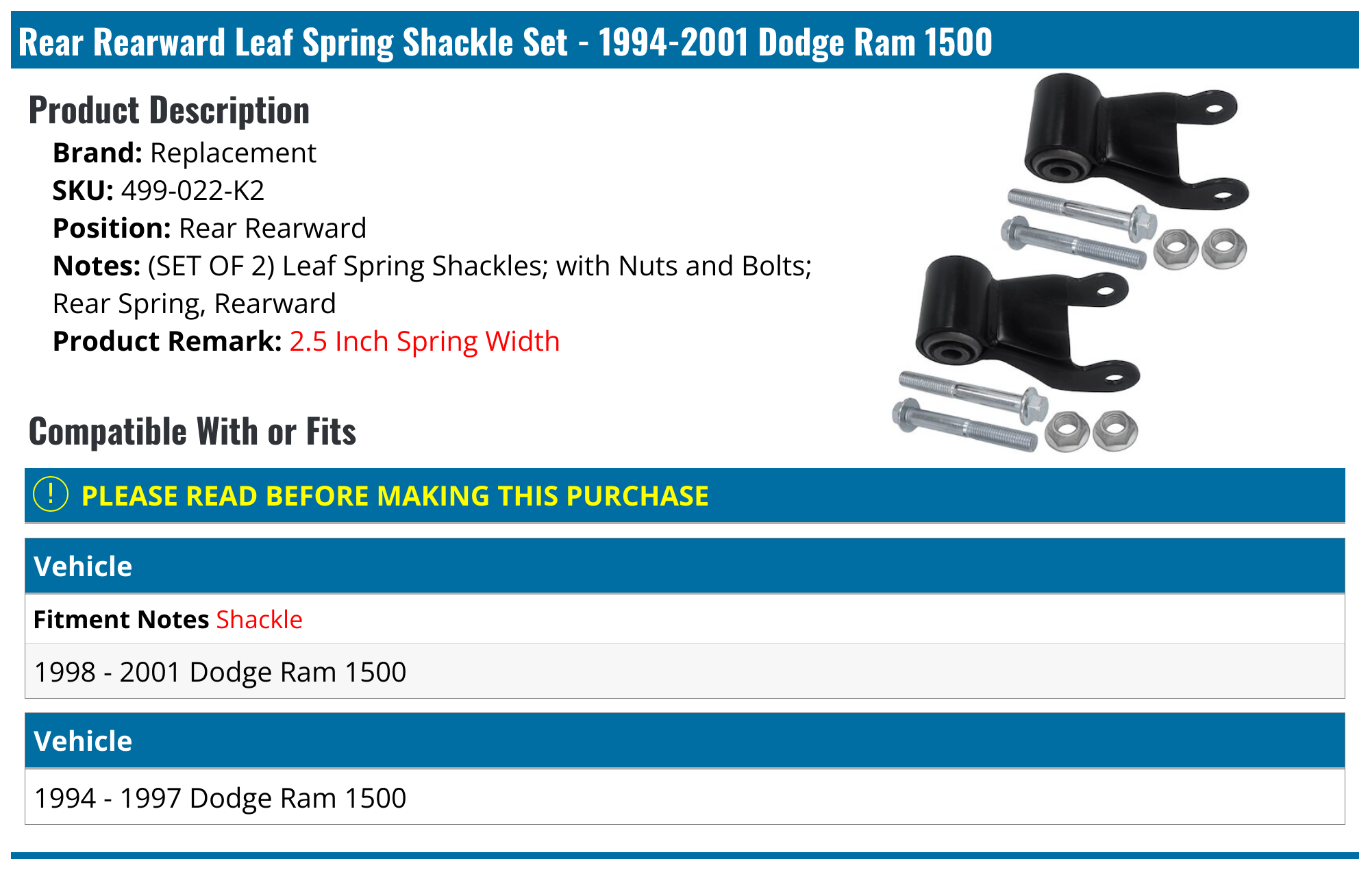19942001 Dodge Ram 1500 Leaf Spring Shackle Replacement 499022K2