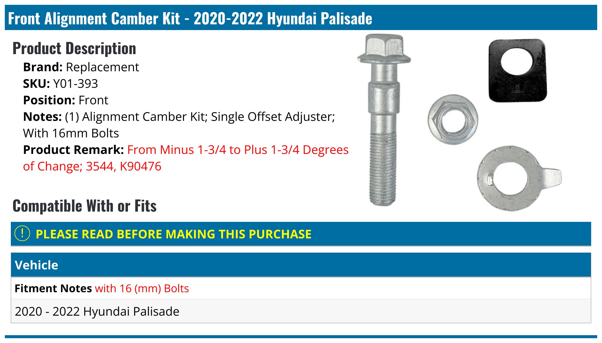 2020-2022 Hyundai Palisade Alignment Camber Kit - Replacement Y01-393 ...