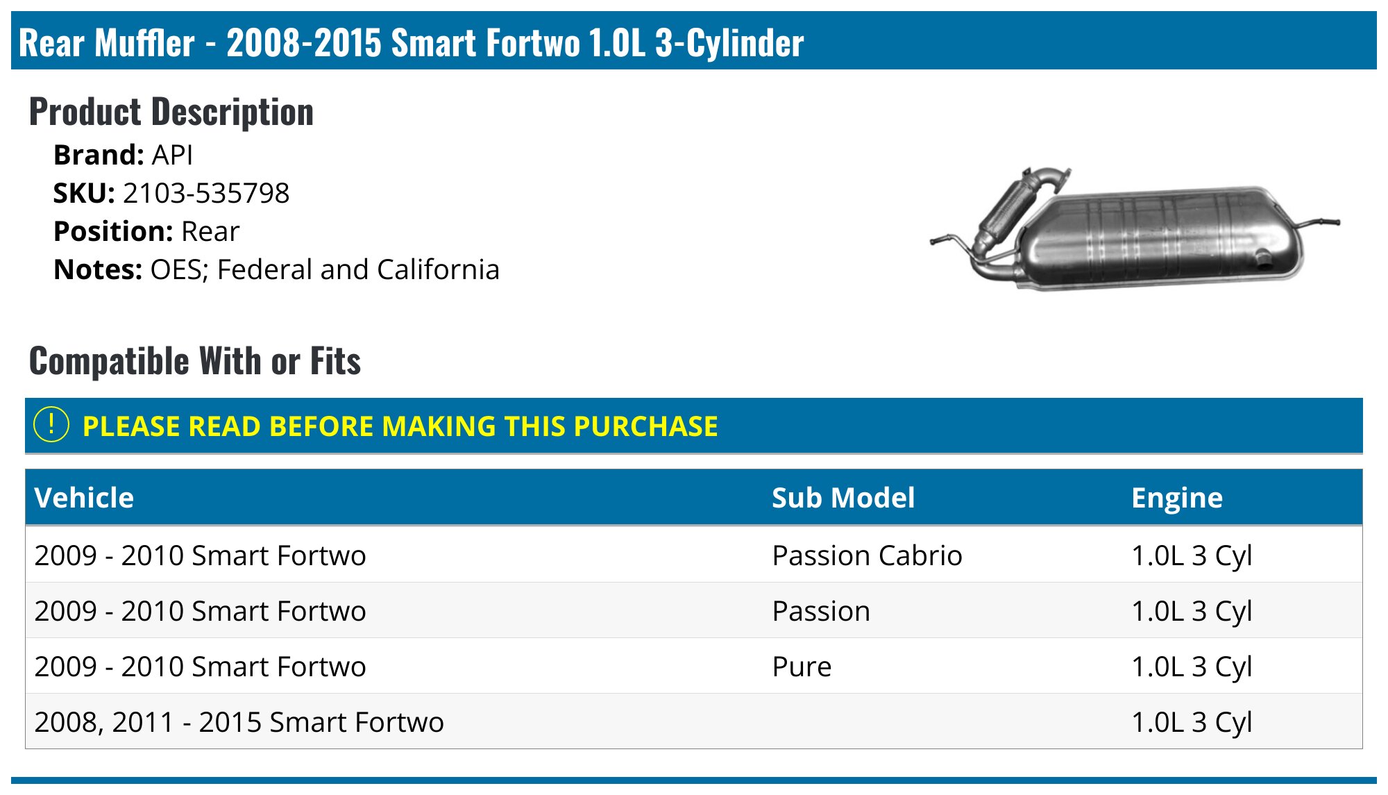 Rear Exhaust Muffler With Gaskets For Smart Fortwo 1.0L (2008-2015) – 409 Stainless Steel