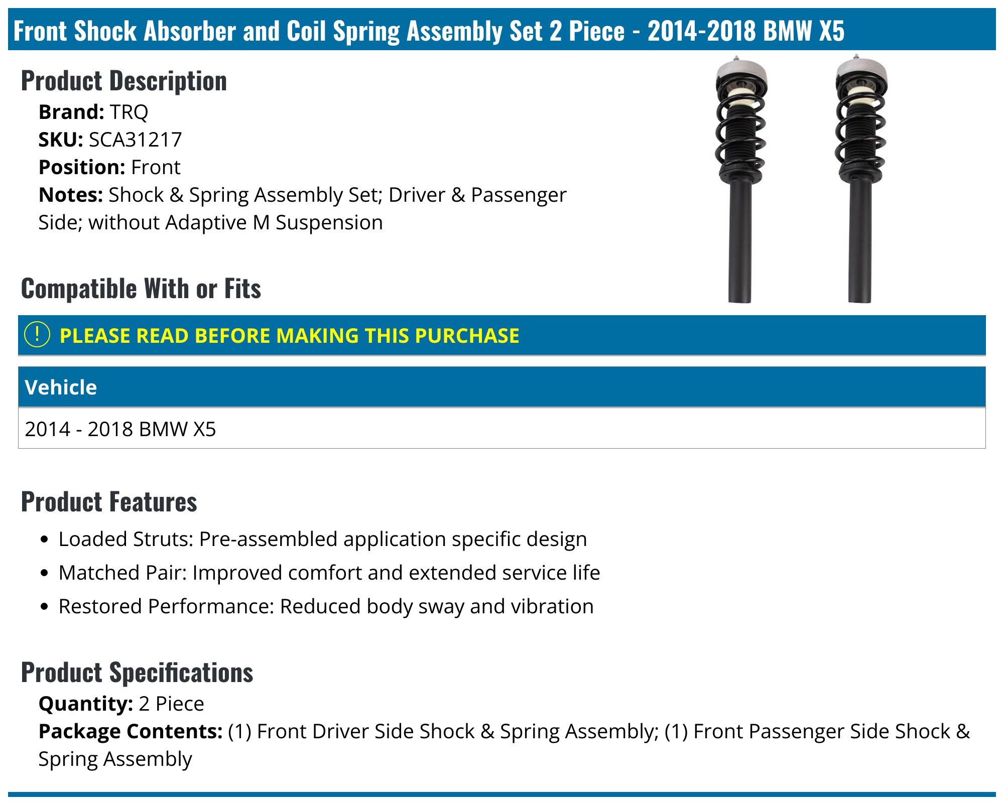 2014-2018 BMW X5 Strut Assembly - TRQ SCA31217 - Front - PartsGeek.com