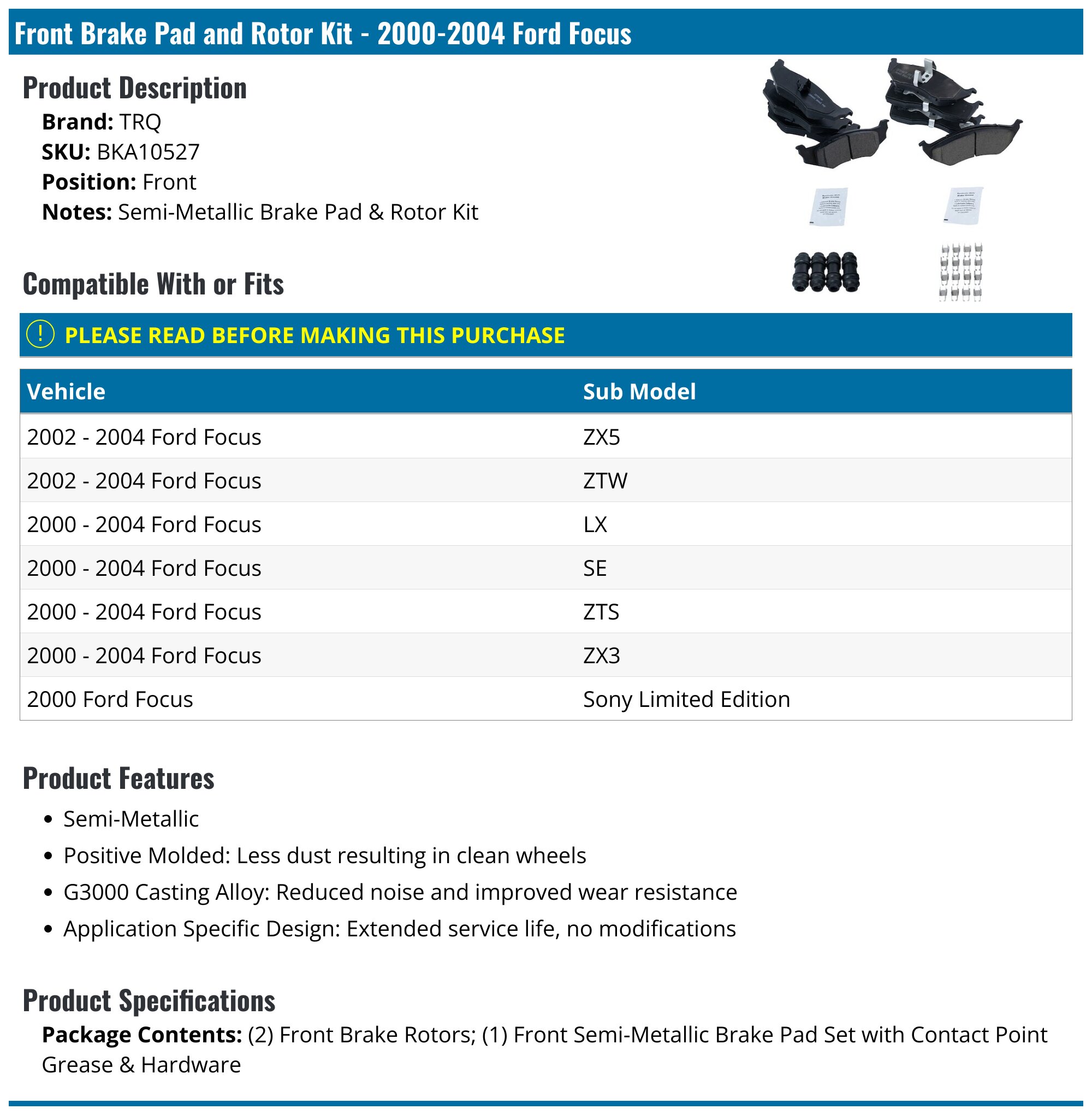 Front Brake Rotor & Pad Kit For Ford Focus – Semi-Metallic, 10.83" Vented Rotors