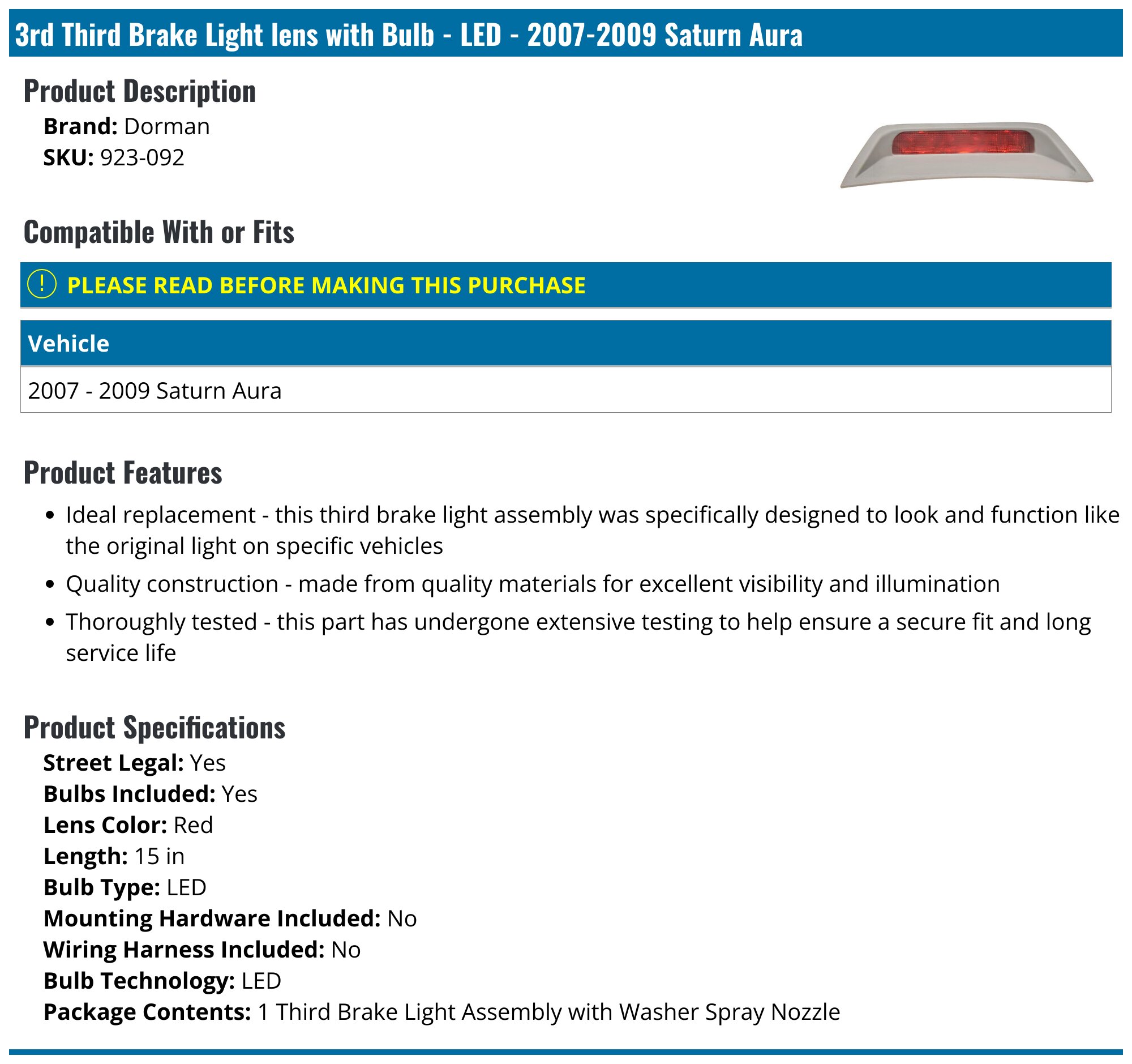 Evan-Fischer Left Headlight For 2007-2009 Saturn Aura Sedan – Halogen, With Bulb, DOT/SAE, 1-Year Warranty